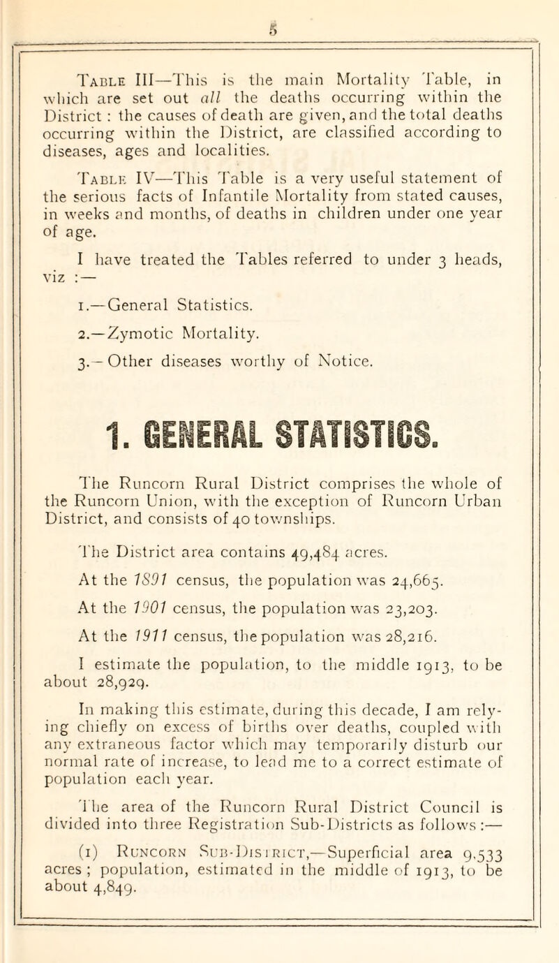 Table III—'I'his is the main Mortality 'I'able, in which are set out all the deaths occurring within tlie District : the causes of death are given, and the total deaths occurring within the District, are classified according to diseases, ages and localities. 'I'ablk it—This 'fable is a very useful statement of the serious facts of Infantile Mortality from stated causes, in weeks and months, of deaths in children under one year of age. I have treated the Tables referred to under 3 heads, viz : — 1. —General Statistics. 2. —Zymotic Mortality. 3. — Other diseases worthy of Notice. 1. OENERAL STATISTfGS. The Runcorn Rural District comprises the whole of the Runcorn Union, with the exception of Runcorn Urban District, and consists of 40 townships. 'fhe District area contains 49,484 acres. At the 1S91 census, the population was 24,665. At the 1901 census, the population was 23,203. At the 1911 census, the population was 28,216. I estimate the population, to the middle 1913, to be about 28,929. In making this estimate, during this decade, I am rely¬ ing chiefly on excess of births over deaths, coupled with any extraneous factor which may temporarily disturb our normal rate of increase, to lead me to a correct estimate of population each year. '1 he area of the Runcorn Rural District Council is divided into three Registration Sub-Districts as follows:— fi) Runcorn .Sub-Dis i rict,— Superficial area 9,533 acres; population, estimated in the middle of 1913, to be about 4,849.