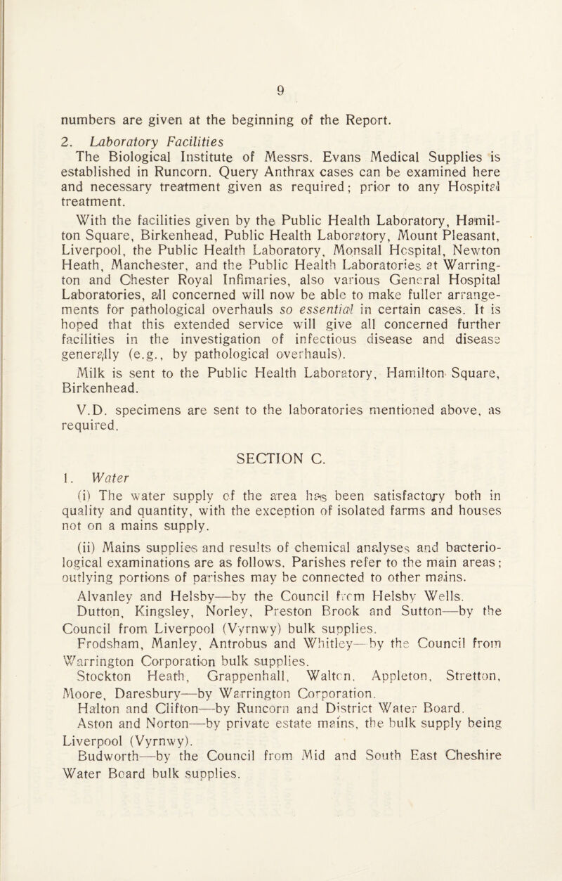 numbers are given at the beginning of the Report. 2. Laboratory Facilities The Biological Institute of Messrs. Evans Medical Supplies is established in Runcorn. Query Anthrax cases can be examined here and necessary treatment given as required; prior to any Hospital treatment. With the facilities given by the Public Health Laboratory, Hamil¬ ton Square, Birkenhead, Public Health Laboramry, Mount Pleasant, Liverpool, the Public Health Laboratory, Monsall Hospital, Newton Heath, Manchester, and the Public Health Laboratories at Warring¬ ton and Chester Royal Infimaries, also various General Hospital Laboratories, all concerned will now be able to make fuller arrange¬ ments for pathological overhauls so essential in certain cases. It is hoped that this extended service will give all concerned further facilities in the investigation of infectious disease and disease genera,lly (e.g., by pathological overhauls). Milk is sent to the Public Health Laboratory, Hamilton- Square, Birkenhead. V.D. specimens are sent to the laboratories mentioned above, as required. SECTION C. 1. Water (i) The water supply of the area h^s been satisfactory both in quality and quantity, with the exception of isolated farms and houses not on a mains supply. (ii) Mains supplies and results of chemical anadyses and bacterio¬ logical examinations are as follows. Parishes refer to the main areas; outlying portions of parishes may be connected to other mains. Alvanley and Helsby—by the Council fvcm Helsby Wells. Dutton, Kingsley, Norley, Preston Brook and Sutton—by the Council from Liverpool (Vyrnwy) bulk supplies. Frodsham, Manley, Antrobus and Whitley—by the Council from Warrington Corporation bulk supplies. Stockton Heath, Grappenhall. Waltcn. Appleton, Stretton, Moore, Daresbury—by Warrington Corporation. Haiton and Clifton—by Runcorn and District Water Board. Aston and Norton—by private estate mains, the bulk supply being Liverpool (Vyrnwy). Budworth—by the Council from Mid and South East Cheshire Water Board bulk supplies.