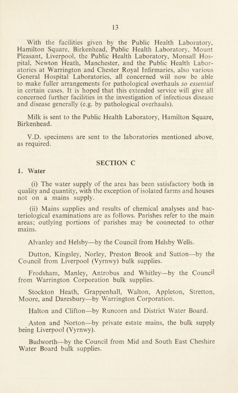 With the facilities given by the Public Health Laboratory, Hamilton Square, Birkenhead, Public Health Laboratory, Mount Pleasant, Liverpool, the Public Health Laboratory, Monsall Hos¬ pital, Newton Heath, Manchester, and the Public Health Labor¬ atories at Warrington and Chester Royal Infirmaries, also various General Hospital Laboratories, all concerned will now be able to make fuller arrangements for pathological overhauls so essential in certain cases. It is hoped that this extended service will give all concerned further facilities in the investigation of infectious disease and disease generally (e.g. by pathological overhauls). Milk is sent to the Public Health Laboratory, Hamilton Square, Birkenhead. V.D. specimens are sent to the laboratories mentioned above, as required. SECTION C 1. Water (i) The water supply of the area has been satisfactory both in quality and quantity, with the exception of isolated farms and houses not on a mains supply. (ii) Mains supplies and results of chemical analyses and bac¬ teriological examinations are as follows. Parishes refer to the main areas; outlying portions of parishes may be connected to other mains. Alvanley and Helsby—by the Council from Helsby Wells. Dutton, Kingsley, Norley, Preston Brook and Sutton—by the Council from Liverpool (Vyrnwy) bulk supplies. Frodsham, Manley, Antrobus and Whitley—by the Council from Warrington Corporation bulk supplies. Stockton Heath, Grappenhall, Walton, Appleton, Stretton, Moore, and Daresbury—by Warrington Corporation. Halton and Clifton—by Runcorn and District Water Board. Aston and Norton—by private estate mains, the bulk supply being Liverpool (Vyrnwy). Budworth—by the Council from Mid and South East Cheshire Water Board bulk supplies.