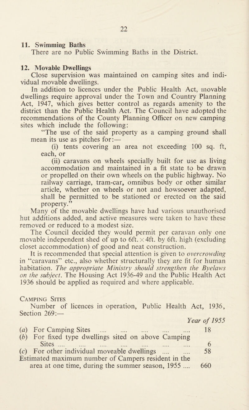 11. Swimming Baths There are no Public Swimming Baths in the District. 12. Movable Dwellings Close supervision was maintained on camping sites and indi¬ vidual movable dwellings. In addition to licences under the Public Health Act, movable dwellings require approval under the Town and Country Planning Act, 1947, which gives better control as regards amenity to the district than the Public Health Act. The Council have adopted the recommendations of the County Planning Officer on new camping sites which include the following: “The use of the said property as a camping ground shall mean its use as pitches for:— (i) tents covering an area not exceeding 100 sq. ft, each, or (ii) caravans on wheels specially built for use as living accommodation and maintained in a fit state to be drawn or propelled on their own wheels on the public highway. No railway carriage, tram-car, omnibus body or other similar article, whether on wheels or not and howsoever adapted, shall be permitted to be stationed or erected on the said property.” Many of the movable dwellings have had various unauthorised hut additions added, and active measures were taken to have these removed or reduced to a modest size. The Council decided they would permit per caravan only one movable independent shed of up to 6ft. x 4ft. by 6ft. high (excluding closet accommodation) of good and neat construction. It is recommended that special attention is given to overcrowding in “caravans” etc., also whether structurally they are fit for human habitation. The appropriate Ministry should strengthen the Byelaws on the subject. The Housing Act 1936-49 and the Public Health Act 1936 should be applied as required and where applicable. Camping Sites Number of licences in operation, Public Health Act, 1936, Section 269:— Year of 1955 (a) For Camping Sites . 18 (.b) For fixed type dwellings sited on above Camping Sites. 6 (c) For other individual moveable dwellings . 58 Estimated maximum number of Campers resident in the area at one time, during the summer season, 1955 .... 660