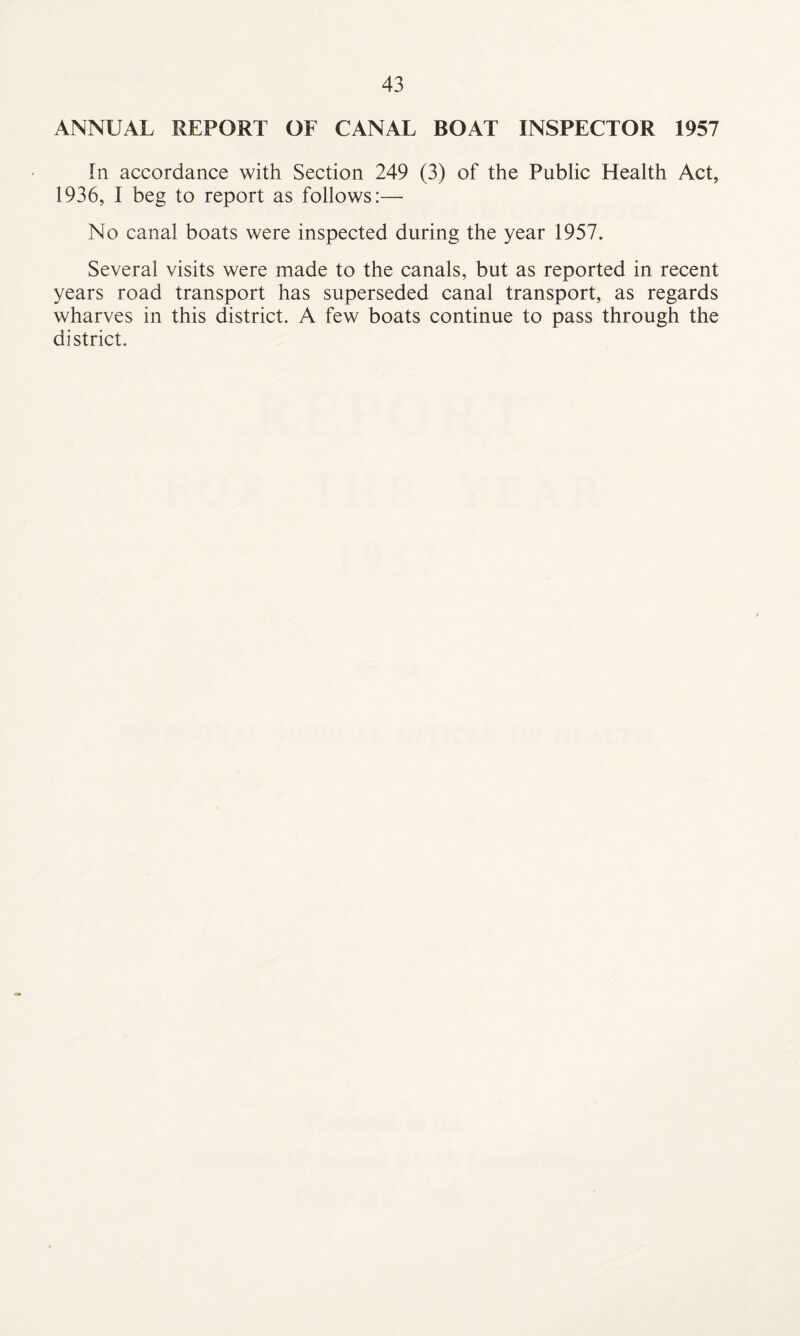 ANNUAL REPORT OF CANAL BOAT INSPECTOR 1957 In accordance with Section 249 (3) of the Public Health Act, 1936, I beg to report as follows:— No canal boats were inspected during the year 1957. Several visits were made to the canals, but as reported in recent years road transport has superseded canal transport, as regards wharves in this district. A few boats continue to pass through the district.