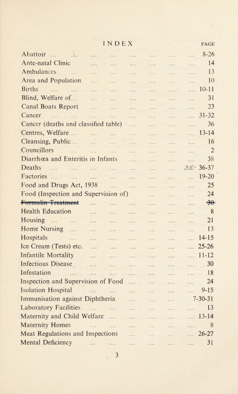 Abattoir .... . . . 8-26 Ante-natal Clinic . . 14 Ambulances .... . . 13 Area and Population . 10 Births . . . 10-11 Blind, Welfare of. . 31 Canal Boats Report . . 23 Cancer . . 31-32 Cancer (deaths and classified table) . . 36 Centres, Welfare. . 13-14 Cleansing, Public. . 16 Councillors . 2 Diarrhoea and Enteritis in Infants .. . 38 Deaths .; 3£>.r 36-37 Factories. . 19-20 Food and Drugs Act, 1938 . . 25 Food (Inspection and Supervision of) .. 24 Fwmalin Treatment . . m Health Education . . 8 Housing . . 21 Home Nursing . . 13 Hospitals . . 14-15 Ice Cream (Tests) etc. . 25-26 Infantile Mortality . .... 11-12 Infectious Disease . . 30 Infestation .. . 18 Inspection and Supervision of Food . . 24 Isolation Hospital . . 9-15 Immunisation against Diphtheria . 7-30-31 Faboratory Facilities . 13 Maternity and Child Welfare . . 13-14 Maternity Homes . . 8 Meat Regulations and Inspections . . 26-27 Mental Deficiency . . 31