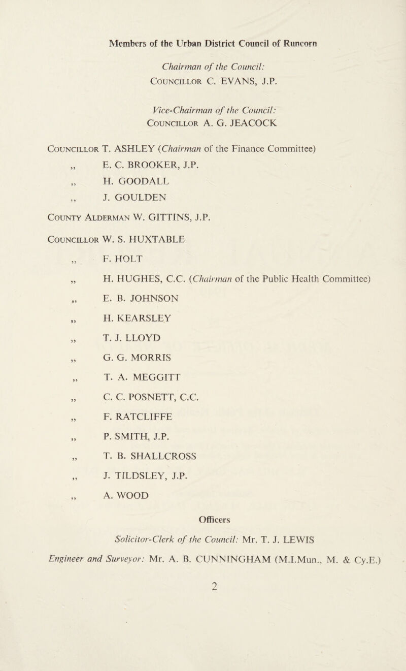 Members of the Urban District Council of Runcorn Chairman of the Council: Councillor C. EVANS, J.P. Vice-Chairman of the Council: Councillor A. G. JEACOCK Councillor T. ASHLEY (Chairman of the Finance Committee) „ E. C. BROOKER, J.P. ,, H. GOODALL „ J. GOULDEN County Alderman W. GITTINS, J.P. Councillor W. S. HUXTABLE „ F. HOLT ,, H. HUGHES, C.C. (Chairman of the Public Health Committee) „ E. B. JOHNSON „ H. KEARSLEY „ T. J. LLOYD „ G. G. MORRIS „ T. A. MEGGITT „ C. C. POSNETT, C.C. „ F. RATCLIFFE „ P. SMITH, J.P. „ T. B. SHALLCROSS „ J. TILDSLEY, J.P. „ A. WOOD Officers Solicitor-Clerk of the Council: Mr. T. J. LEWIS Engineer and Surveyor: Mr. A. B. CUNNINGHAM (M.I.Mun., M. & Cy.E.)