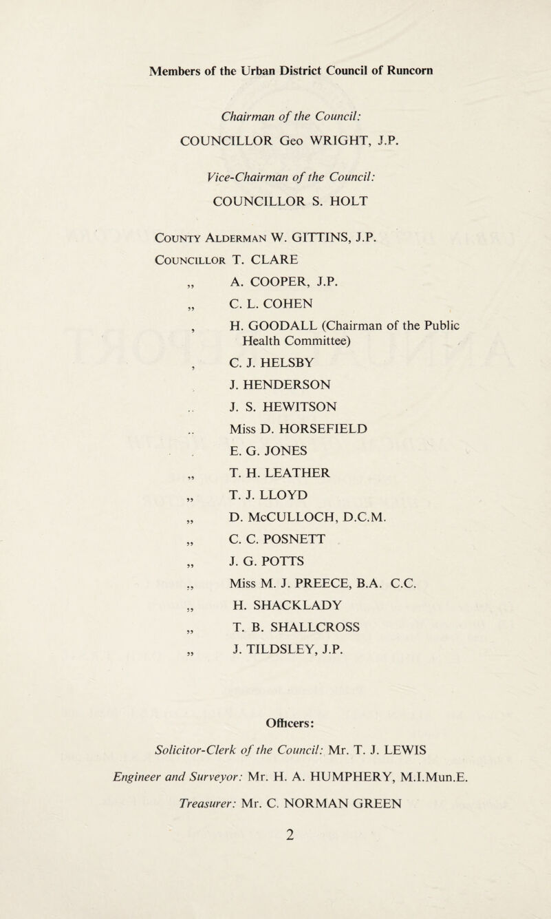 Members of the Urban District Council of Runcorn Chairman of the Council: COUNCILLOR Geo WRIGHT, J.P. Vice-Chairman of the Council: COUNCILLOR S. HOLT County Alderman W. GITTINS, J.P. Councillor T. CLARE „ A. COOPER, J.P. „ C. L. COHEN , H. GOOD ALL (Chairman of the Public Health Committee) , C. J. HELSBY J. HENDERSON J. S. HEW1TSON Miss D. HORSEFIELD E. G. JONES „ T. H. LEATHER „ T. J. LLOYD „ D. McCULLOCH, D.C.M. „ C. C. POSNETT „ J. G. POTTS Miss M. J. PREECE, B.A. C.C. „ H. SHACKLADY „ T. B. SHALLCROSS „ J. TILDSLEY, J.P. Officers: Solicitor-Clerk of the Council: Mr. T. J. LEWIS Engineer and Surveyor: Mr. H. A. HUMPHERY, M.I.Mun.E. Treasurer: Mr. C. NORMAN GREEN