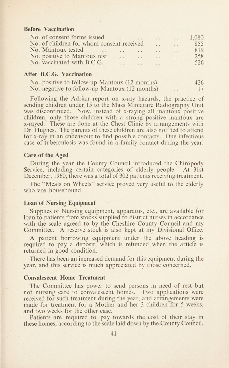 Before Vaccination No. of consent forms issued .. .. .. .. 1,080 No. of children for whom consent received .. .. 855 No. Mantoux tested .. .. .. .. .. 819 No. positive to Mantoux test .. .. . . .. 258 No. vaccinated with B.C.G. .. .. .. .. 526 After B.C.G. Vaccination No. positive to follow-up Mantoux (12 months) . . 426 No. negative to follow-up Mantoux (12 months) .. 17 Following the Adrian report on x-ray hazards, the practice of sending children under 15 to the Mass Miniature Radiography Unit was discontinued. Now, instead of x-raying all mantoux positive children, only those children with a strong positive mantoux are x-rayed. These are done at the Chest Clinic by arrangements with Dr. Hughes. The parents of these children are also notified to attend for x-ray in an endeavour to find possible contacts. One infectious case of tuberculosis was found in a family contact during the year. Care of the Aged During the year the County Council introduced the Chiropody Service, including certain categories of elderly people. At 31st December, 1960, there was a total of 302 patients receiving treatment. The “Meals on Wheels” service proved very useful to the elderly who “are housebound. Loan of Nursing Equipment Supplies of Nursing equipment, apparatus, etc., are available for loan to patients from stocks supplied to district nurses in accordance with the scale agreed to by the Cheshire County Council and my Committee. A reserve stock is also kept at my Divisional Office. A patient borrowing equipment under the above heading is required to pay a deposit, which is refunded when the article is returned in good condition. There has been an increased demand for this equipment during the year, and this service is much appreciated by those concerned. Convalescent Home Treatment The Committee has power to send persons in need of rest but not nursing care to convalescent homes. Two applications were received for such treatment during the year, and arrangements were made for treatment for a Mother and her 3 children for 5 weeks, and two weeks for the other case. Patients are required to pay towards the cost of their stay in these homes, according to the scale laid down by the County Council.