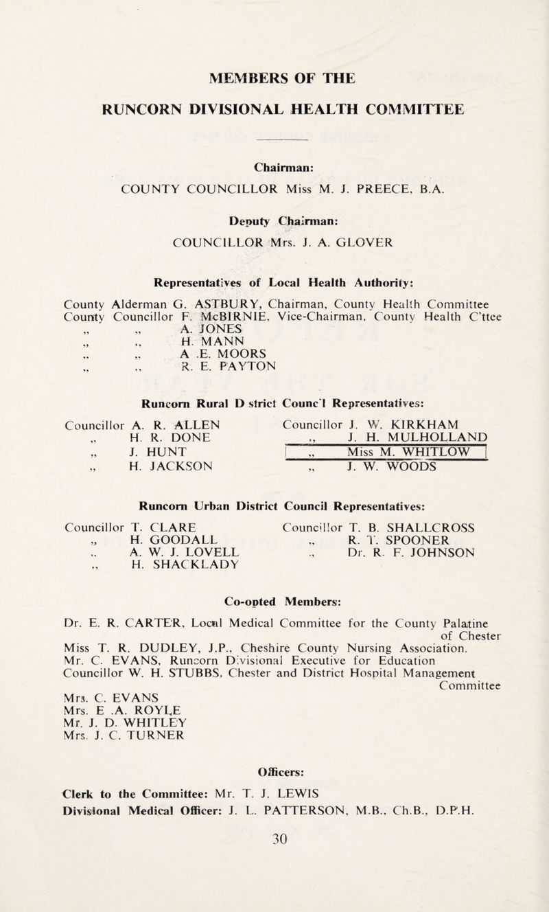 MEMBERS OF THE RUNCORN DIVISIONAL HEALTH COMMITTEE Chairman: COUNTY COUNCILLOR Miss M. J. PREECE, B.A. Deputy Chairman: COUNCILLOR Mrs. J. A. GLOVER Representatives of Local Health Authority: County Alderman G. ASTBURY, Chairman, County Health Committee County Councillor F, McBIRNIE, Vice-Chairman, Countv Health C’ttee „ ' „ A. JONES H. MANN A E. MOORS R. E. PAYTON Runcorn Rural D strict Counci Representatives: Councillor A. R. ALLEN Councillor J. W. KIRKHAM H. R. DONE J. H. MULHOLLAND J. HUNT | „ Miss M. WHITLOW 9} H. JACKSON „ J. W. WOODS Runcorn Urban District Council Representatives: Councillor T. CLARE „ H. GOODALL A. W. J. LOVELL H. SHACKLADY Councillor T. B. SHALLCROSS R. T. SPOONER Dr. R. F. JOHNSON Co-opted Members: Dr. E. R. CARTER, Local Medical Committee for the County Palatine of Chester Miss T. R. DUDLEY, J.P., Cheshire County Nursing Association. Mr. C. EVANS, Runcorn Divisional Executive for Education Councillor W. H. STUBBS, Chester and District Hospital Management Committee Mrs. C. EVANS Mrs. E .A. ROYLE Mr. J. D. WHITLEY Mrs J. C. TURNER Officers: Clerk to the Committee: Mr. T. J. LEWIS Divisional Medical Officer: J. L. PATTERSON, M B., Ch.B., D.P.H.