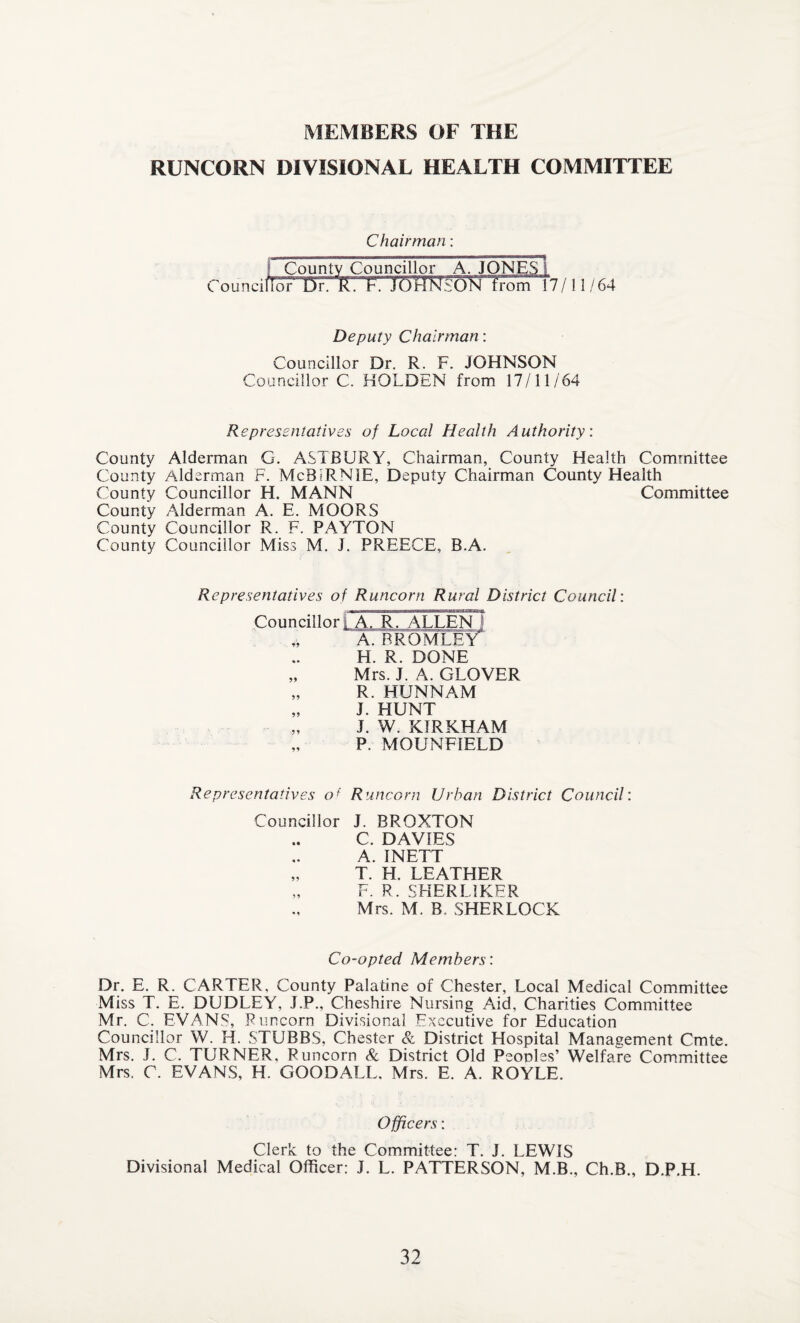 MEMBERS OF THE RUNCORN DIVISIONAL HEALTH COMMITTEE Chairman : County Councillor A. JONES j Councillor Dr. R. F. JOHNSON from* 17/ 11 /64 Deputy Chairman: Councillor Dr. R. F. JOHNSON Councillor C. HOLDEN from 17/11/64 Representatives of Local Health Authority: County Alderman G. ASTBURY, Chairman, County Health Committee County Alderman F. McfTRNlE, Deputy Chairman County Health County Councillor H. MANN Committee County Alderman A. E. MOORS County Councillor R. F. PAYTON County Councillor Miss M. J. PREECE, B.A. Representatives of Runcorn Rural District Council: Councillor 1 A. R. ALLEN I „ A. BROMLEY H. R. DONE „ Mrs. J. A. GLOVER „ R. HUNNAM „ J. HUNT „ J. W. KIRKHAM „ P. MOUNFIELD Representatives of Runcorn Urban District Council: Councillor J. BROXTON C. DAVIES A. INETT „ T. H. LEATHER „ F. R. 5HERL1KER Mrs. M. B. SHERLOCK Co-opted Members: Dr. E. R. CARTER, County Palatine of Chester, Local Medical Committee Miss T. E. DUDLEY, J.P., Cheshire Nursing Aid, Charities Committee Mr. C. EVANS, Runcorn Divisional Executive for Education Councillor W. H. STUBBS, Chester & District Hospital Management Cmte. Mrs. J. C. TURNER, Runcorn & District Old Peonies’ Welfare Committee Mrs. C. EVANS, H. GOODALL, Mrs. E. A. ROYLE. Officers: Clerk to the Committee: T. J. LEWIS Divisional Medical Officer: J. L. PATTERSON, M.B., Ch.B., D.P.H.