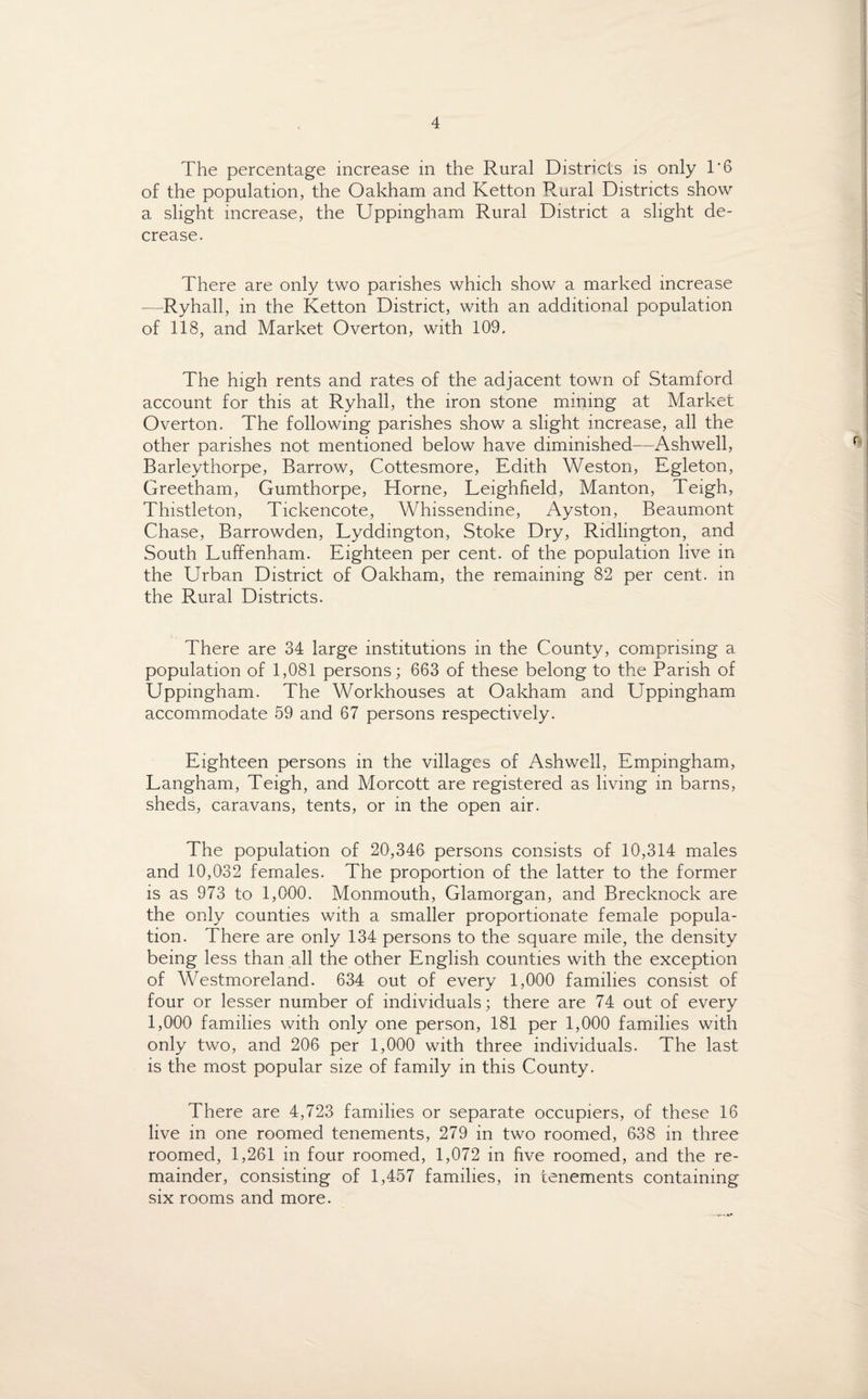 The percentage increase in the Rural Districts is only 1*6 of the population, the Oakham and Ketton Rural Districts show a slight increase, the Uppingham Rural District a slight de¬ crease. There are only two parishes which show a marked increase —Ryhall, in the Ketton District, with an additional population of 118, and Market Overton, with 109, The high rents and rates of the adjacent town of Stamford account for this at Ryhall, the iron stone mining at Market Overton. The following parishes show a slight increase, all the other parishes not mentioned below have diminished—Ashwell, Barleythorpe, Barrow, Cottesmore, Edith Weston, Egleton, Greetham, Gumthorpe, Horne, Leighfield, Manton, Teigh, Thistleton, Tickencote, Whissendine, Ayston, Beaumont Chase, Barrowden, Lyddington, Stoke Dry, Ridlington, and South Luffenham. Eighteen per cent, of the population live in the Urban District of Oakham, the remaining 82 per cent, in the Rural Districts. There are 34 large institutions in the County, comprising a population of 1,081 persons; 663 of these belong to the Parish of Uppingham. The Workhouses at Oakham and Uppingham accommodate 59 and 67 persons respectively. Eighteen persons in the villages of Ashwell, Empingham, Langham, Teigh, and Morcott are registered as living in barns, sheds, caravans, tents, or in the open air. The population of 20,346 persons consists of 10,314 males and 10,032 females. The proportion of the latter to the former is as 973 to 1,000. Monmouth, Glamorgan, and Brecknock are the only counties with a smaller proportionate female popula¬ tion. There are only 134 persons to the square mile, the density being less than all the other English counties with the exception of Westmoreland. 634 out of every 1,000 families consist of four or lesser number of individuals; there are 74 out of every 1,000 families with only one person, 181 per 1,000 families with only two, and 206 per 1,000 with three individuals. The last is the most popular size of family in this County. There are 4,723 families or separate occupiers, of these 16 live in one roomed tenements, 279 in two roomed, 638 in three roomed, 1,261 in four roomed, 1,072 in five roomed, and the re¬ mainder, consisting of 1,457 families, in tenements containing six rooms and more.