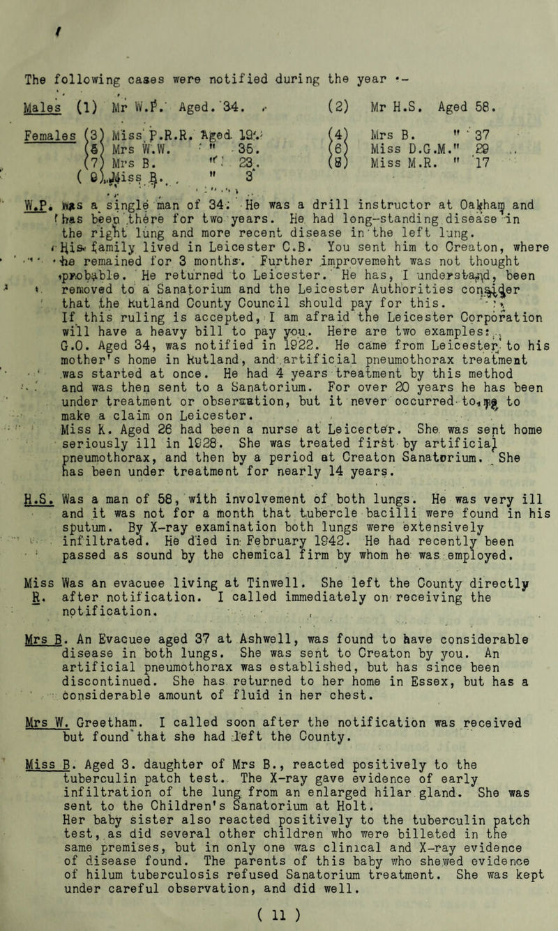 The following cases were notified during the year •- • 9 Females (3) Miss'P.R.R, Aged 19V (4) Mrs B.  1 37 (6) Mrs W.W. • 36. (6) Miss D.G.M. 29 (71 Mrs B. «!:■ 23. (8) Miss M.R.  '17 ( e)„i}iss B., ,  3* t ’ « •* 1 • *' / . *4 • • _WjP, Mjts a_ single man of 34-; -He was a drill instructor at Oakhanji and f has bee.o ’.there for two years. He had long-standing disease in the right lung and more recent disease in'the left lung. His..'family lived in Leicester C.B. You sent him to Creaton, where ‘lie remained for 3 months-. Further improvemeht was not thought ♦probable. He returned to Leicester. He has, I understand, been t. removed to a Sanatorium and the Leicester Authorities con^^er that the Rutland County Council should pay for this. ’ If this ruling is accepted, I am afraid the Leicester Corporation will have a heavy bill to pay you. Here are two examples:., G.O. Aged 34, was notified in 1922. He came from Leicester,'to his mother’s home in Rutland, and.artificial pneumothorax treatment was started at once. He had 4 years treatment by this method • and was then sent to a Sanatorium. For over 20 years he has been under treatment or obsersation, but it never occurred-to*ij?i£ to make a claim on Leicester. , Miss K. Aged 26 had been a nurse at Leicerte'r. She. was sent home seriously ill in 1928. She was treated first by artificial pneumothorax, and then by a period at Creaton Sanatorium. She has been under treatment for nearly 14 years. H.S. Was a man of 58, with involvement of both lungs. He was very ill and it was not for a month that tubercle bacilli were found in his sputum. By X-ray examination both lungs were extensively infiltrated. He died in: February 1S42. He had recently been passed as sound by the chemical firm by whom he was employed. Miss Was an evacuee living at Tinwell. She left the County directly R. after notification. I called immediately on receiving the notification. , Mrs B. An Evacuee aged 37 at Ashwell, was found to have considerable disease in both lungs. She was sent to Creaton by you. An artificial pneumothorax was established, but has since been discontinued. She has returned to her home in Essex, but has a considerable amount of fluid in her chest. Mrs W. Greetham. I called soon after the notification was received but found that she had ;l;eft the County. Miss B. Aged 3. daughter of Mrs B., reacted positively to the tuberculin patch test. The X-ray gave evidence of early infiltration of the lung, from an enlarged hilar gland. She was sent to the Children’s Sanatorium at Holt. Her baby sister also reacted positively to the tuberculin patch test,,as did several other children who were billeted in the same premises, but in only one was clinical and X-ray evidence of disease found. The parents of this baby who shewed evidence of hilum tuberculosis refused Sanatorium treatment. She was kept under careful observation, and did well.