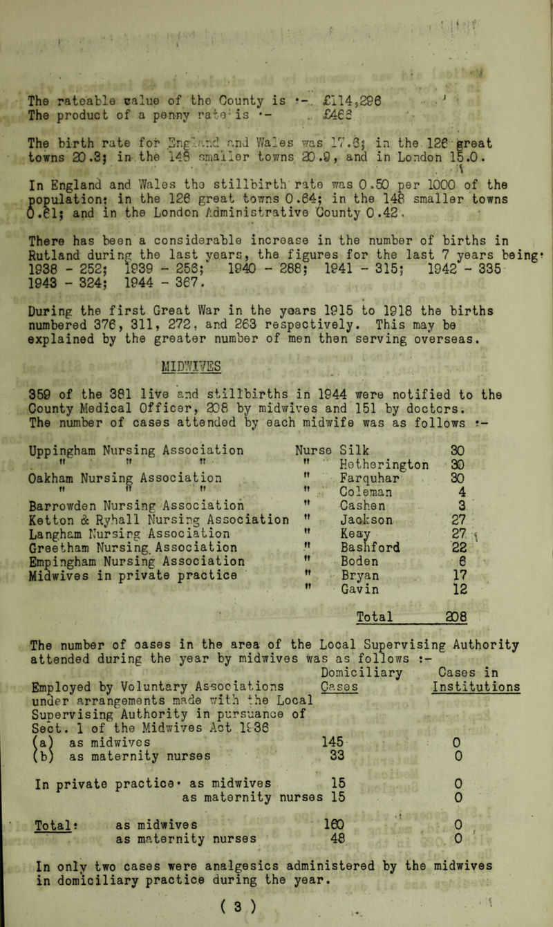 I * The rateable value of the County is £114,296 The product of a penny rate;is •- . £46c The birth rate for England and Wales was 17.6; in the 126‘fereat towns 20.3: in the 148 smaller towns 20.9, and in London 15.0. ‘ In England and Wales the stillbirth rate was 0.50 per 1000 of the population? in the 126 great towns 0.64; in the 148 smaller towns 6.61; and in the London Administrative County 0.42* There has been a considerable increase in the number of births in Rutland during the last years, the figures for the last 7 years being* 1938 - 252; 1939 - 256;1 1940 - 288; 1941 - 315; 1942 - 335 1943 - 324; 1944 - 367. - • • /■ ( During the first Great War in the years 1915 to 1918 the births numbered 376, 311, 272, and 263 respectively. This may be explained by the greater number of men then serving overseas. MIDWIVES 359 of the 381 live and stillbirths in 1944 were notified to the County Medical Officer, 208 by midwives and 151 by doctors. The number of cases attended by each midwife was as follows ?- Uppingham Nursing Association t» ' ?t rr • Oakham Nursing Association tt i? tt Barrowden Nursing Association Ketton & Ryhall Nursing Association Langham Nursing Association Greetham Nursing. Association Empingham Nursing Association Midwives in private practice Nurse Silk 30 tf Hetherington 30 ” Farquhar 30 M Coleman 4 M Cashen 3 ft Jackson 27  Keay 27 *  Bashford 22 Boden 6 tf Bryan 17  Gavin 12 Total 208 The number of oases in the area of the Local Supervising Authority attended during the year by midwives was as follows Domiciliary Cases in Employed by Voluntary Associations Cases Institutions under arrangements made with the Local Supervising Authority in pursuance of Sect. I of the Midwives Act It36 (a) as midwives 145 0 (b) as maternity nurses 33 0 In private practice* as midwives 15 as maternity nurses 15 0 0 Total? as midwives as maternity nurses In only two cases were analgesics administered by the midwives in domiciliary practice during the year.