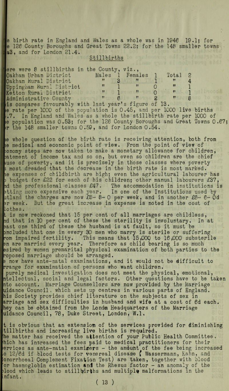 le birth rate in England and Wales as a whole was in 1946 19.1; for I e 126 County Boroughs and Great Towns 22.2; for the 148 smaller towns i a3, and for London 21.4. Stillbirths ere were 8 stillbirths in the County, viz., Oakham Urban District Males 1 Females 1 Total 2 Oakham kural District tt 3 ” 1 tt 4 Uppingham Rural District m 1 ” 0 ft 1 (etton Rurai District f» 1 ” 0 t* 1 Administrative County tt 6 ” 2 ft 8 |iis compares favourably with last year’s figure of 13. le rate per 1000 of the population is 0.45, and per 1000 live births l:.7. In England and Wales as a whole the stillbirth rate per 1000 of lie population was 0.53; for the 126 County Boroughs and Great Towns 0.67; I ir the 148 smaller towns 0.59, and for London 0.54. lie whole question of the birth rate is receiving attention, both from II le medical and economic point of view. From the point of view of lionomy steps are now taken to make a monetary allowance for children, Imtement of income tax and so on, but even so children are the chief liuse of poverty, and it is precisely in those classes where poverty I; most dreaded that the decrease in the birth rate is most marked. lie expenses of childbirth are high; even the agricultural labourer has I) budget for £22 for each of his children; other manual labourers £37, [jhd the professional classes £47. The accommodation in institutions is ntting more expensive each year. In one of the Institutions used by Jutland the charges are now £8- 8-* 0 per week, and in another £6- 6-Od nr week. But the great increase in expense is noted in the cost of llothes. lb is now reckoned that 15 per cent of all marriages are childless, Dnd that in 10 per cent of these the sterility is involuntary. In at [hast one third of these the husband is at fault, so it must be Ipncluded that one in every 30 men who marry is sterile or suffering Brom impaired fertility. This means that 15,000 to 16,000 substerile Isn are married every year. Therefore as child bearing is so much lesired by women premarital physical examination of both parties to the Proposed marriage should be arranged. le now have ante-natal examinations, and it would not be difficult to |rrange for examination, of persons who want children. purely medical investigation does not meet the physical, emotional, ntellectual, social and legal factors. Other questions have to be taken Into account. Marriage Counsellors are now provided by the Marriage Guidance Council, which sets up centres in various parts of England, his Society provides chief literature on the subjects of sex in arriage and sex difficulties in husband and wife at a cost of 6d each, hey can be obtained from the London Headquarters of the Marriage uidance Council, 78, Duke Street, London, W.l. t is obvious that an extension of the services provided for diminishing tillbirths and increasing live births is required. he matter has received the attention of your Public Health Committee, hich has increased the fees paid to medical practitioners for their ervices as ante-natal examiners - the amount of the fee being increased .o 12/6d if blood tests for venereal disease f Wassermann, Kahn, and ronorrhoeal Complement Fixation Test) are taken, together with blood ‘or haemoglobin estimation &nd the Rhesus factor - an anomaly of the )lood which leads to stillbirths and multiply malformations in the .nfant.