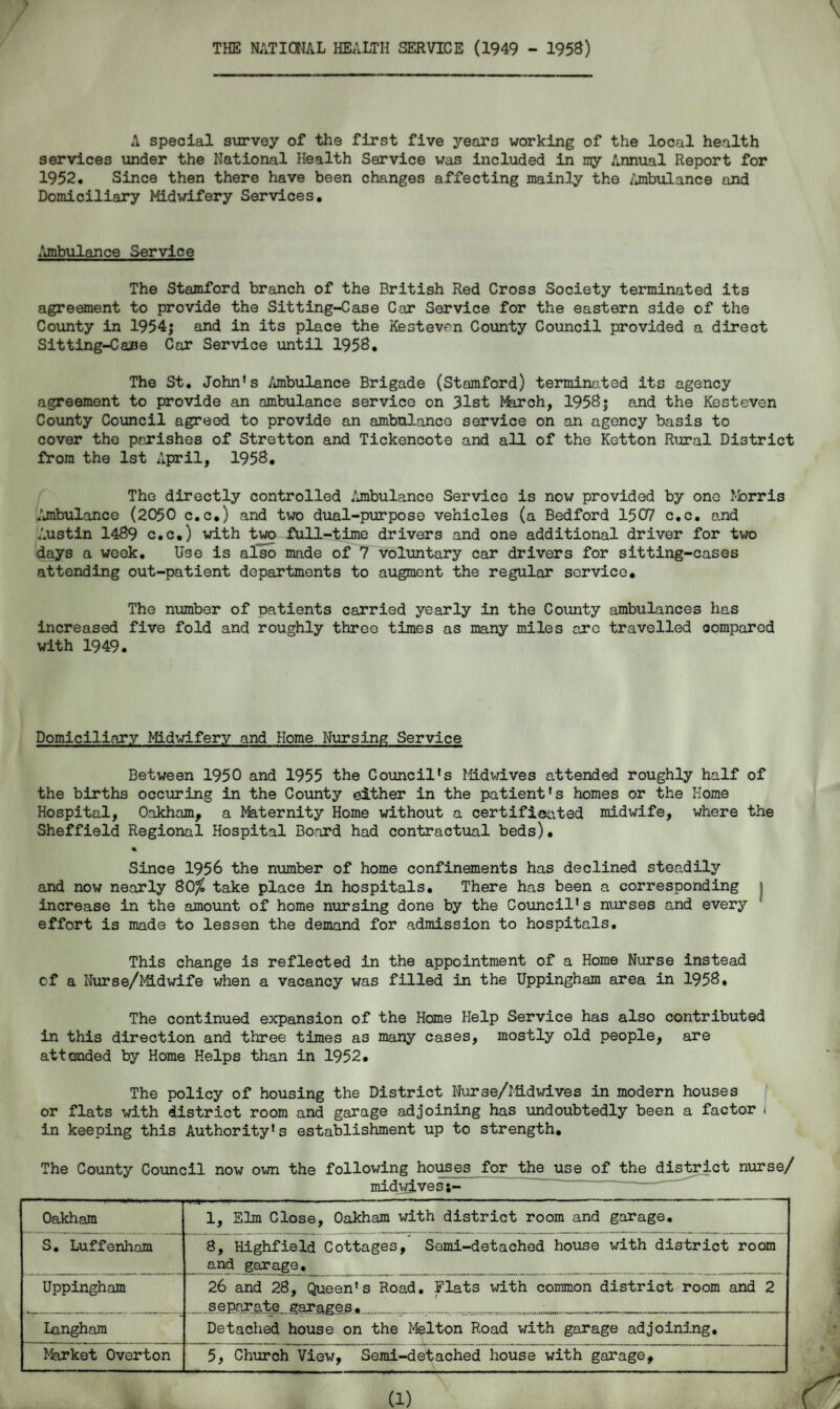 > A special survey of the first five years working of the local health services under the National Health Service was included in my Annual Report for 1952. Since then there have been changes affecting mainly the Ambulance and Domiciliary Midwifery Services. Ambulance Service The Stamford branch of the British Red Cross Society terminated its agreement to provide the Sitting-Case Car Service for the eastern side of the County in 1954; and in its place the Kesteven County Council provided a direct Sitting-Ca^e Car Service until 1958. The St. John’s Ambulance Brigade (Stamford) terminated its agency agreement to provide an ambulance service on 31st Mhrch, 1958; and the Kesteven County Council agreed to provide an ambulance service on an agency basis to cover the parishes of Stretton and Tickencote and all of the Ketton Rural District from the 1st April, 1958. The directly controlled Ambulance Service is now provided by one Morris Ambulance (2050 c.c.) and two dual-purpose vehicles (a Bedford 15C7 c.c. and Austin 1489 c.c.) with two full-time drivers and one additional driver for two days a week. Use is also made of 7 voluntary car drivers for sitting-cases attending out-patient departments to augment the regular service. The number of patients carried yearly in the Coimty ambulances has increased five fold and roughly three times as many miles arc travelled oompared with 1949. Domiciliary Midwifery and Home Nursing Service Between 1950 and 1955 the Council's Midwives attended roughly half of the births occuring in the County either in the patient's homes or the Home Hospital, Oakham, a Maternity Home without a certificated midwife, where the Sheffield Regional Hospital Board had contractual beds). « Since 1956 the number of home confinements has declined steadily and now nearly 80$ take place in hospitals. There has been a corresponding 1 increase in the amount of home nursing done by the Council's nurses and every effort is made to lessen the demand for admission to hospitals. This change is reflected in the appointment of a Home Nurse instead of a Nurse/Midwife when a vacancy was filled in the Uppingham area in 1958, The continued expansion of the Home Help Service has also contributed in this direction and three times as many cases, mostly old people, are attended by Home Helps than in 1952. The policy of housing the District Nurse/lfidwives in modern houses or flats with district room and garage adjoining has undoubtedly been a factor t in keeping this Authority’s establishment up to strength. The County Council now own the following houses for the use of the district nurse/ midwives;- Oakham PT**- ' -■ ■ ■ -— 1 . .1 ■■■ ’— 1, Elm Close, Oakham with district room and garage. S. Luffenham 8, Highfield Cottages, Semi-detached house with district room and garage. Uppingham 26 and 28, Queen's Road. Flats with common district room and 2 separate garages, . _ _ .... Langham Detached house on the Melton Road with garage adjoining. Market Overton 5, Church View, Semi-detached house with garage. (1)