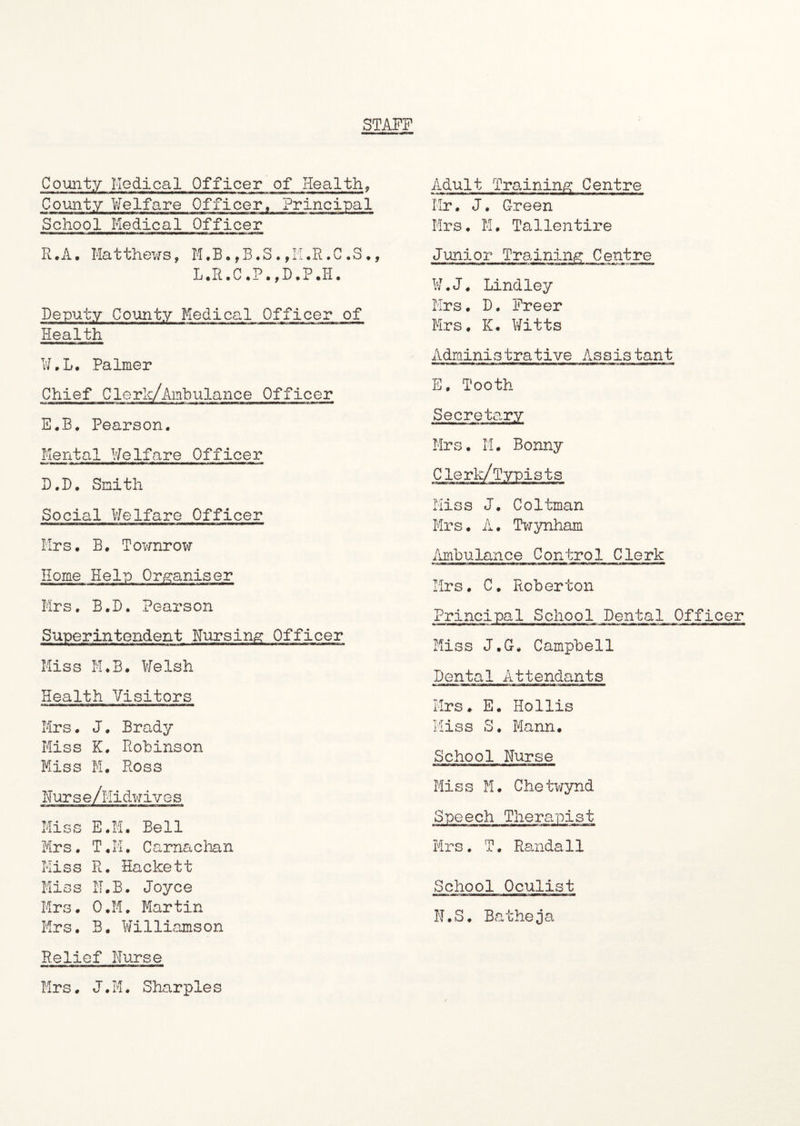 STAFF County Medical Officer of Health, County Welfare Officer, Principal School Medical Officer R.A. Matthews, M.B.,B.S.,M.R.C.S., L.R.C.P.,D.P.H. Deputy County Medical Officer of Health W.L. Palmer Chief Cleric/Ambulance Officer E.B. Pearson. Mental Welfare Officer D.D. Smith Social Welfare Officer Mrs. B. Townrow Home Help Organiser Mrs. B.D. Pearson Superintendent Nursing Officer Miss M.B. Welsh Health Visitors Mrs. J. Brady Miss K. Robinson Miss M. Ross Nurse/hidwives ■ ' mi rtmaaBaWetfaaiiiii''ii wr — i I*»u Mr-imm jww % Miss E.M. Bell Mrs. T,M. Carnachan Miss R. Hackett Miss IT.B. Joyce Mrs. O.M. Martin Mrs. B. Williamson Relief Nurse Adult Training Centre Mr. J. Green Mrs. M. Tallentire Junior W.J. Lindley Mrs. D. Freer Mrs. K. Witts Administrative Assistant E. Tooth Secretary Mrs. M. Bonny Clerk/Typists Miss J. Coltman Mrs. A. Twynham Ambulance Control Clerk Mrs. C. Roberton Principal School Dental Officer Miss J.G. Campbell Dental Attendants Mrs. E. Hollis Miss S. Mann. School Nurse Miss M. Chetwynd Speech Therapist Mrs. T. Randall School Oculist N.S. Batheja Mrs. J.M. Sharpie s