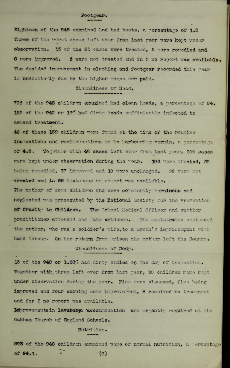 Footgear. Eighteen of tho 948 examined had bad boots, a percentage of i.fi Three of tho worst cases loft over from last year were kopt undor observation. 13 of the 21 cases wore treated, 5 wore romediod and 0 were irnrovod. 8 wore not treated and in 2 no ropart mao available. The decided improvement in clothing and footgear recorded this 'nar is undoubtedly duo to tho higher wages non paid. Cleanliness of Hoad* 798 of the 948 children examined had clean heads, a percentago of 84. 152 of tho 94C or 15^ had dirt heads sufficiently infectod to demand treatment. 43 of those 152 children were found at tho tino of the routine inspootiono and re-inspections to bo harbouring vomin, a percentage of 4.8. Together with 48 cases left over from last year, 200 cases wore hept under observation during the -oar. 105 wore treated, 5S being remedied, 37 improved and 10 wore unchanged. 39 wore not tree.tod nna in fi5 instances no report was available* The mother of some children who vroro constantly verminous and neglected was prosecuted by tho rational Society for tho Prevention of Cruelty to Children. The School nodical Offioor and another pracititoner attended and -avo ovidenco. Tho magistrates sentenced tho mother, mho was a soldier’s mifa,to a month’s imprisonmnent with hard labour. On her return from prison the nether left the County. Cleanliness of Eody. 15 of tho 948 or 1.58^1 had dirty bodies oh tho day of inspection. Together with throe left ovor from last year, 20 children wore kept undor observation during the year. Hino mere cleansed, five being improved and four showing some improvement, 8 received no treatment and for 3 no report was available. Improvements in lavaijatryi w^ccomnodation are urgently required at tho Oakham Church of England Schools. Hutrition. 893 of the 948 children examined were of normal nutrition, a percentage of 94.1. • (s)