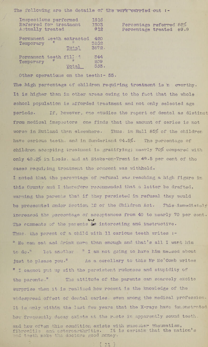 The following are the details of Inspections performed 1515 Referred for treatment 3305 Actually treated 912 Permanent oeeth extracted 420 Temporary f! 3252 Total 3672 . Permanent teeth fill • d 344 Temporary ’’ SI 209 Total 553 . Percentage referred 85% Peroentage treated b9o9 Other operations on the teeth:- 55. The high percentage cf children requiring treatment is n errorthy. It is higher than in other areas owing to the fact that the whole school population is afforded treatment and not only selected age periods. If, however, one studies the report of dental as distinct from medical inspectors one finds that the amount of caries is not worse in Rutland than elsewhere. Thus, in Hull 85^ of the children have carious teeth, and in Sunderland 94.5^. The percentage of children accepting treatment is gratifying; nearly 70^ compared with only 48.2^ in Leeds-, and at Stoke-on-Trent in 49.5 per cent of the cases requiring treatment the consent was withheld. I noted that the percentage of refusal was reaching a high figure in this County and I therefore recommended that a letter be drafted, warning the parents that if they persisted in refusal they would be prosecuted under Section 12 of the Children Act. This -iminedtahth f increased the percentage of acceptances from 40 to nearly 70 per cent. The comments of the parents interesting and instructive. Thus, the parent of a child with 11 carious teeth writes :-  He can eat and drink more- than enough and that’s all I want him to do.” let another  I am not going mo have him meosod about just to please you.51 As a corollary to this Mr Me’Comb writes  I cannot put up with the persistent rudeness and stupidity of the parents. The attitude of the parents can scarcely excite surprise when it is realized how recent is the knowledge of the widespread effect of dental caries- even among the medical profession. It is only within the last few years that the X-rays have demonstrated how frequently decay exists at the r-,ots in apparently sound teeth. and Low often this condition exists with muscular Rheumatism, fibror.itis and csteroarthritis. It is certain that the nation’s nd teeth, make the doctors good neney.
