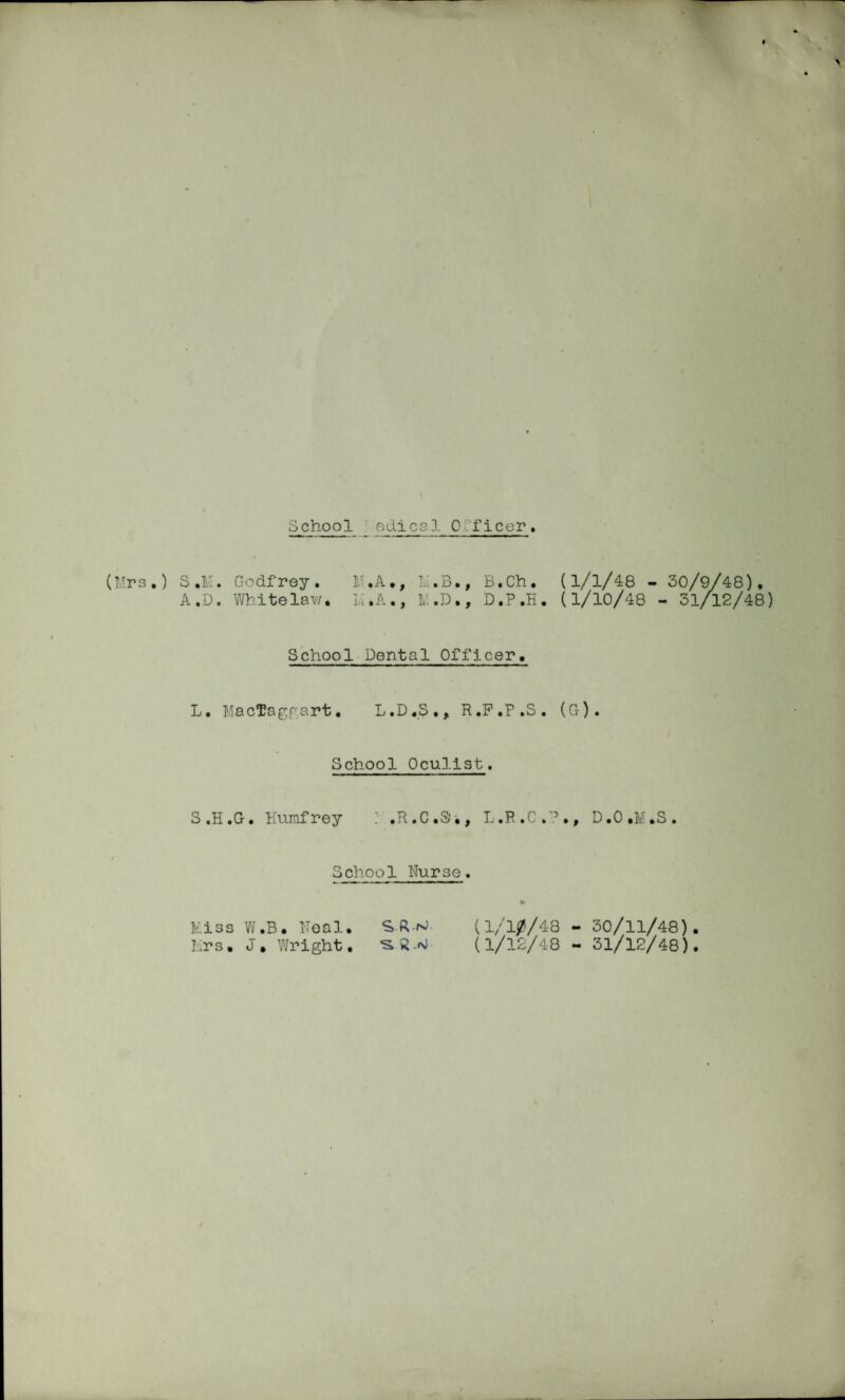 (Mrs.) S.M. Godfrey. M.A., M.B., B.Ch. (l/l/48 - 50/9/48), A.D. Whitelaw. M.A., M.D., D.P.H. (1/10/48 - 31/12/48) School Dental Officer. L. MacTagpart. L.D.S,, R.P.P.S. (G). School Oculist. S .H.G. Kurafrey ,R # C . >'j . f L.R.C D.O .M.S . School Nurse. Miss W.B. Neal. S.R-rJ- (1/10/48 - 30/11/48). Mrs. J, Wright. (1/12/48 - 31/12/48).