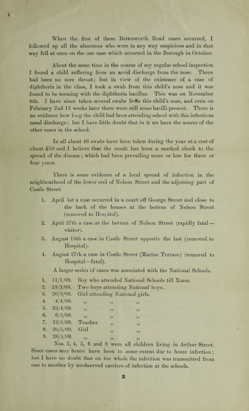 V When the first of these Bettcsworth Road cases occurred, I followed up all the absentees who were in any way suspicious and in that way fell at once on the one case which occurred in the Borough in October. About the same time in the course of my regular school inspection I found a child suffering from an acrid discharge from the nose. There had been no sore throat; but in view of the existence of a case of diphtheria in the class, I took a swab from this child’s nose and it was found to be teeming witli the diphtheria bacillus. This was on November (5th. I have since taken several swabs frdhi this child’s nose, and even on February 2nd 13 weeks later there were still some bacilli present. There is no evidence how long the child had been attending school with this infectious nasal discharge; but I have little doubt that in it we have the source of the other cases in the school. In all about 46 swabs have been taken during the year at a cost of about £10 and I believe that the result has been a marked check to the spread of the disease; which had been prevailing more or less for three or four years. There is some evidence of a local spread of infection in the neighbourhood of the lower end of Nelson Street and the adjoining part of Castle Street. 1. April 1st a case occurred in a court off George Street and close to the back of the houses at the bottom of Nelson Street (removed to Hospital). 2. April 27th a case at the bottom of Nelson Street (rapidly fatal—- visitor). 3. August 13th a case in Castle Street opposite the last (removed to Hospital). 4. August 27th a case in Castle Strpet (Marine Terrace) (removed to Hospital—fatal). A larger series of cases was associated with the National Schools. Boy who attended National Schools till Xmas. 23/2/09. Two boys attending National boys. Girl attending National iris. 1. 11/1/09. 2. 23/2/09. 3. 20/3/09. 4. 4/4/09. 5. 25/4/09. 6. 6/5/09. rr l. 13/5/09. 8. 2O/5/09. 9. 20/5/09. Nos. 2, 4 >> Teacher Girl v o 5) >> >> >} >> )) J> }) y> Nos. 2, 4, 5, 6 and 8 were all children living in Arthur Street. Since cases may hence have been to some extent due to home infection; but I have no doubt that on the whole the infection was transmitted from one to another by unobserved carriers of infection at the schools.