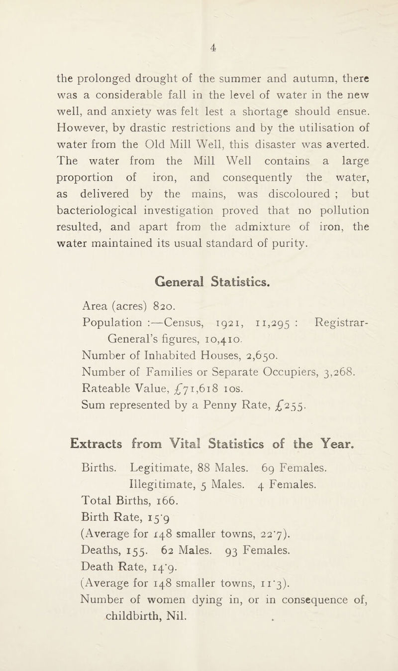 the prolonged drought of the summer and autumn, there was a considerable fall in the level of water in the new well, and anxiety was felt lest a shortage should ensue. However, by drastic restrictions and by the utilisation of water from the Old Mill Well, this disaster was averted. The water from the Mill Well contains a large proportion of iron, and consequently the water, as delivered by the mains, was discoloured ; but bacteriological investigation proved that no pollution resulted, and apart from the admixture of iron, the water maintained its usual standard of purity. General Statistics. Area (acres) 820. Population :—Census, 1921, 11,295 : Registrar- General’s figures, 10,410, Number of Inhabited Houses, 2,650. Number of Families or Separate Occupiers, 3,268. Rateable Value, £71,618 10s. Sum represented by a Penny Rate, £255. Extracts from Vital Statistics of the Year. Births. Legitimate, 88 Males. 69 Females. Illegitimate, 5 Males. 4 Females. Total Births, 166. Birth Rate, i5'9 (Average for 148 smaller towns, 22*7). Deaths, 155. 62 Males. 93 Females. Death Rate, 14*9. (Average for 148 smaller towns, 11*3). Number of women dying in, or in consequence of, childbirth, Nil.