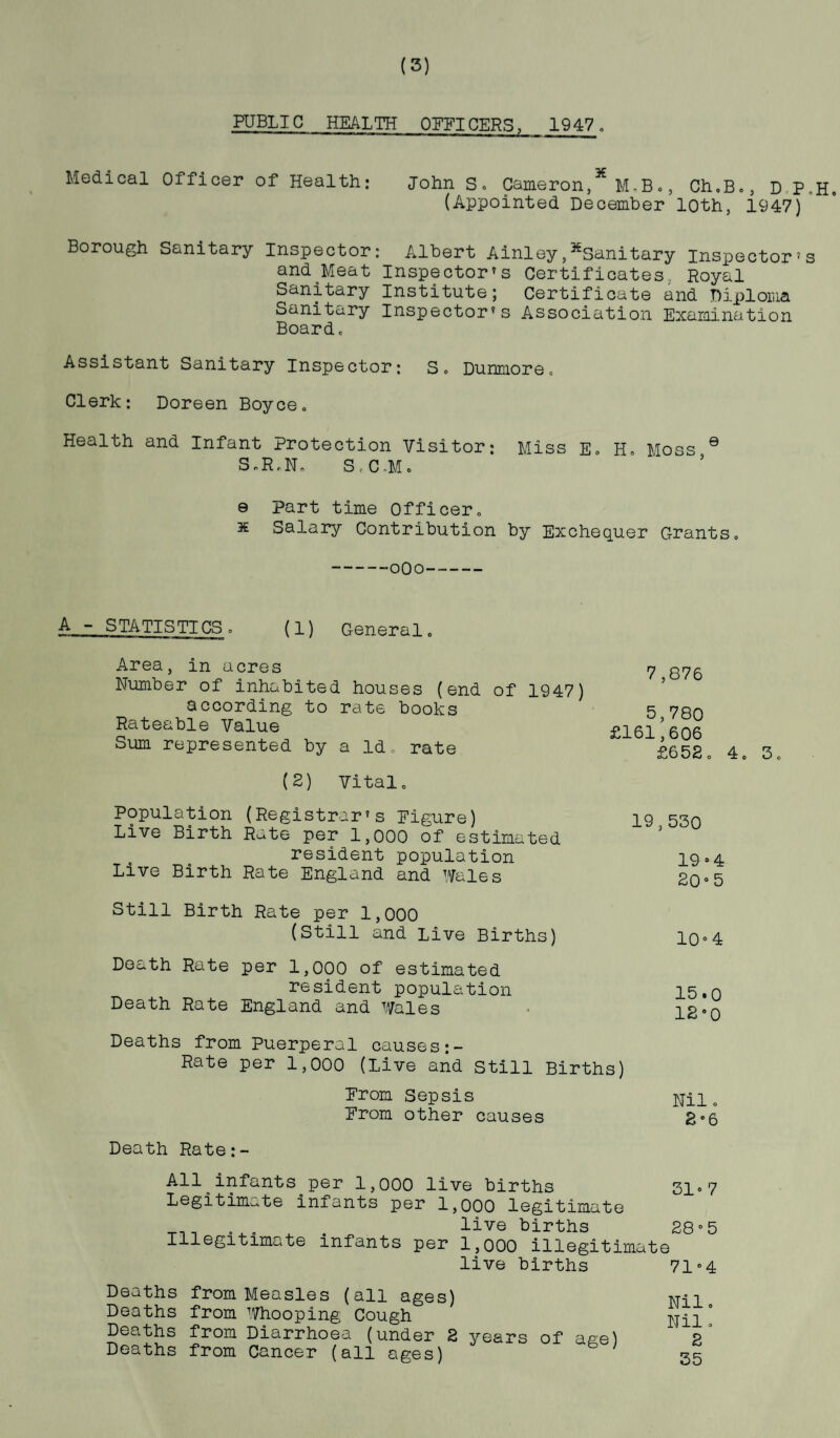 PUBLIC HEALTH OEEICERS, 1947, Medical Officer of Health: John S, Cameron,* M-B., ChoB., D P (Appointed December loth, 1947) Borough Sanitary Inspector: Albert Ainley,^Sanitary Inspector' and Meat Inspector's Certificates Royal Sanitary Institute; Certificate and Diploma Sanitary Inspector's Association Examination Board. Assistant Sanitary Inspector: S. Dunmore. Clerk: Doreen Boyce. Health and Infant Protection Visitor: Miss E, Ho Moss 9 S,R,N„ S.C.Mo e Part time Officer, £ Salary Contribution by Exchequer Grants0 -.qqo- A—- STATISTICS. (1) General, Area, in acres Number of inhabited houses (end of 1947) according to rate books Rateable Value Sum represented by a Id, rate (2) Vital, 7,876 5,780 £161,606 £652, 4, 3, Population (Registrar’s Eigure) Live Birth Rate per 1,000 of estimated resident population 19*4 Live Birth Rate England and Wales 2o°5 Still Birth Rate per 1,000 (Still and Live Births) i0°4 Death Rate per 1,000 of estimated resident population 15,0 Death Rate England and Wales -ip.n Deaths from Puerperal causes:- Rate per 1,000 (Live and Still Births) Erom Sepsis Nil, Erom other causes g«g Death Rate:- All infants^per 1,000 live births 31°7 Legitimate infants per 1,000 legitimate ... ^ ^ live births 28°5 Illegitimate infants per 1,000 illegitimate live births 71°4 Deaths from Measles (all ages) Deaths from Whooping Cough Deaths from Diarrhoea (under 2 years of aae) Deaths from Cancer (all ages) Nil, Nil o 2 35