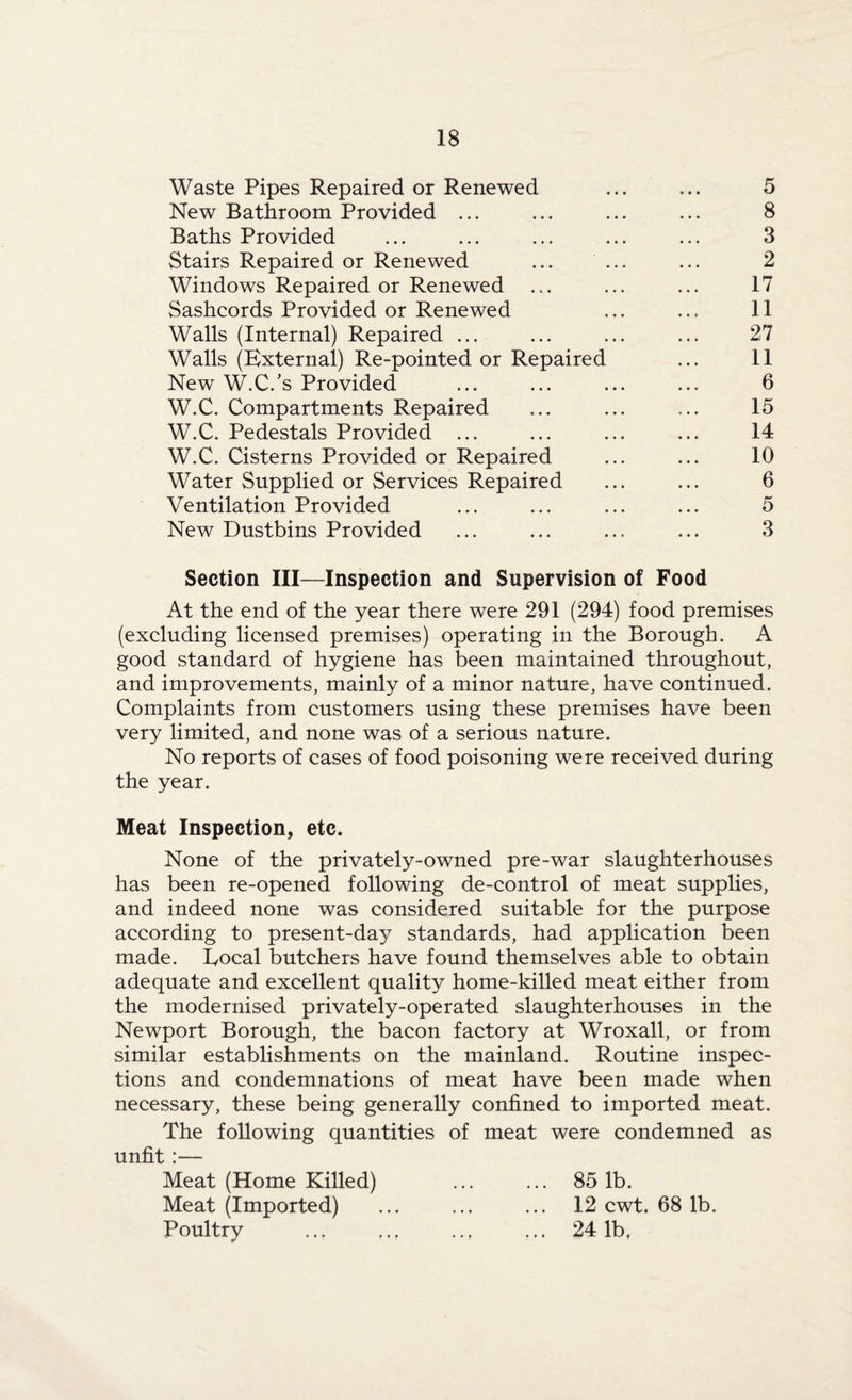 Waste Pipes Repaired or Renewed New Bathroom Provided ... Baths Provided Stairs Repaired or Renewed Windows Repaired or Renewed ... Sashcords Provided or Renewed Walls (Internal) Repaired ... Walls (External) Re-pointed or Repaired New W.C.’s Provided W.C. Compartments Repaired W.C. Pedestals Provided ... W.C. Cisterns Provided or Repaired Water Supplied or Services Repaired Ventilation Provided New Dustbins Provided 5 8 3 2 17 11 27 11 6 15 14 10 6 5 3 Section III—Inspection and Supervision of Food At the end of the year there were 291 (294) food premises (excluding licensed premises) operating in the Borough. A good standard of hygiene has been maintained throughout, and improvements, mainly of a minor nature, have continued. Complaints from customers using these premises have been very limited, and none was of a serious nature. No reports of cases of food poisoning were received during the year. Meat Inspection, etc. None of the privately-owned pre-war slaughterhouses has been re-opened following de-control of meat supplies, and indeed none was considered suitable for the purpose according to present-day standards, had application been made. Eocal butchers have found themselves able to obtain adequate and excellent quality home-killed meat either from the modernised privately-operated slaughterhouses in the Newport Borough, the bacon factory at Wroxall, or from similar establishments on the mainland. Routine inspec¬ tions and condemnations of meat have been made when necessary, these being generally confined to imported meat. The following quantities of meat were condemned as unfit:— Meat (Home Killed) Meat (Imported) Poultry 85 lb. 12 cwt. 68 lb. 24 lb,