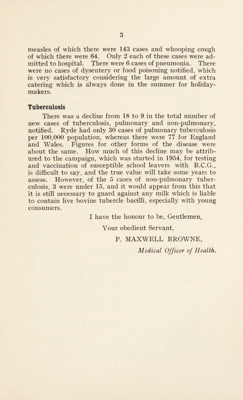measles of which there were 143 cases and whooping cough of which there were 64. Only 2 each of these cases were ad¬ mitted to hospital. There were 6 cases of pneumonia. There were no cases of dysentery or food poisoning notified, which is very satisfactory considering the large amount of extra catering which is always done in the summer for holiday¬ makers. Tuberculosis There was a decline from 18 to 9 in the total number of new cases of tuberculosis, pulmonary and non-pulmonary, notified. Ryde had only 30 cases of pulmonary tuberculosis per 100,000 population, whereas there were 77 for England and Wales. Figures for other forms of the disease were about the same. How much of this decline may be attrib- ured to the campaign, which was started in 1954, for testing and vaccination of susceptible school leavers with B.C.G., is difficult to say, and the true value will take some years to assess. However, of the 5 cases of non-pulmonary tuber¬ culosis, 3 were under 15, and it would appear from this that it is still necessary to guard against any milk which is liable to contain live bovine tubercle bacilli, especially with young consumers. I have the honour to be, Gentlemen, Your obedient Servant, P. MAXWEEE BROWNE, Medical Officer of Health,