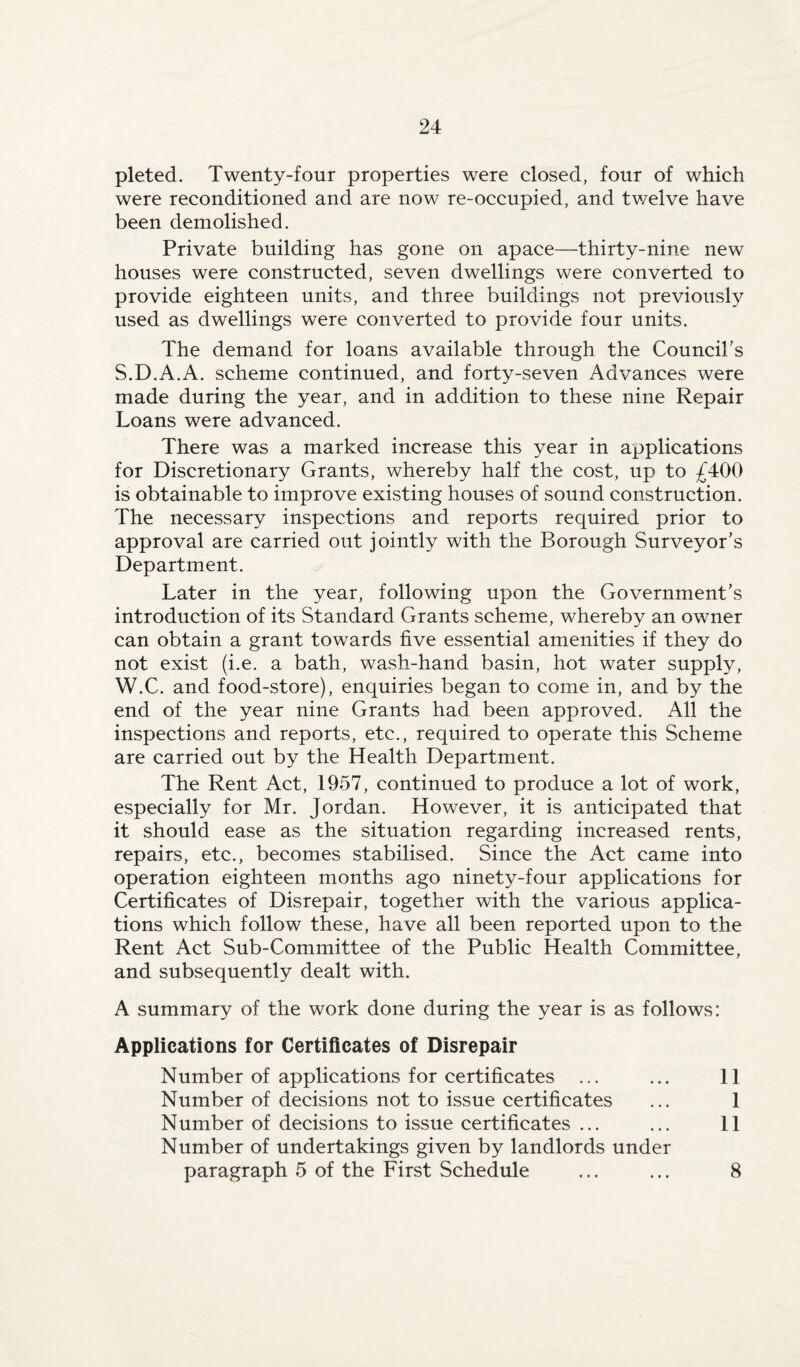 pleted. Twenty-four properties were closed, four of which were reconditioned and are now re-occupied, and twelve have been demolished. Private building has gone on apace—thirty-nine new houses were constructed, seven dwellings were converted to provide eighteen units, and three buildings not previously used as dwellings were converted to provide four units. The demand for loans available through the Council's S.D.A.A. scheme continued, and forty-seven Advances were made during the year, and in addition to these nine Repair Loans were advanced. There was a marked increase this year in applications for Discretionary Grants, whereby half the cost, up to £400 is obtainable to improve existing houses of sound construction. The necessary inspections and reports required prior to approval are carried out jointly with the Borough Surveyor’s Department. Later in the year, following upon the Government’s introduction of its Standard Grants scheme, whereby an owner can obtain a grant towards five essential amenities if they do not exist (i.e. a bath, wash-hand basin, hot water supply, W.C. and food-store), enquiries began to come in, and by the end of the year nine Grants had been approved. All the inspections and reports, etc., required to operate this Scheme are carried out by the Health Department. The Rent Act, 1957, continued to produce a lot of work, especially for Mr. Jordan. However, it is anticipated that it should ease as the situation regarding increased rents, repairs, etc., becomes stabilised. Since the Act came into operation eighteen months ago ninety-four applications for Certificates of Disrepair, together with the various applica¬ tions which follow these, have all been reported upon to the Rent Act Sub-Committee of the Public Health Committee, and subsequently dealt with. A summary of the work done during the year is as follows: Applications for Certificates of Disrepair Number of applications for certificates ... ... 11 Number of decisions not to issue certificates ... 1 Number of decisions to issue certificates ... ... 11 Number of undertakings given by landlords under paragraph 5 of the First Schedule ... ... 8