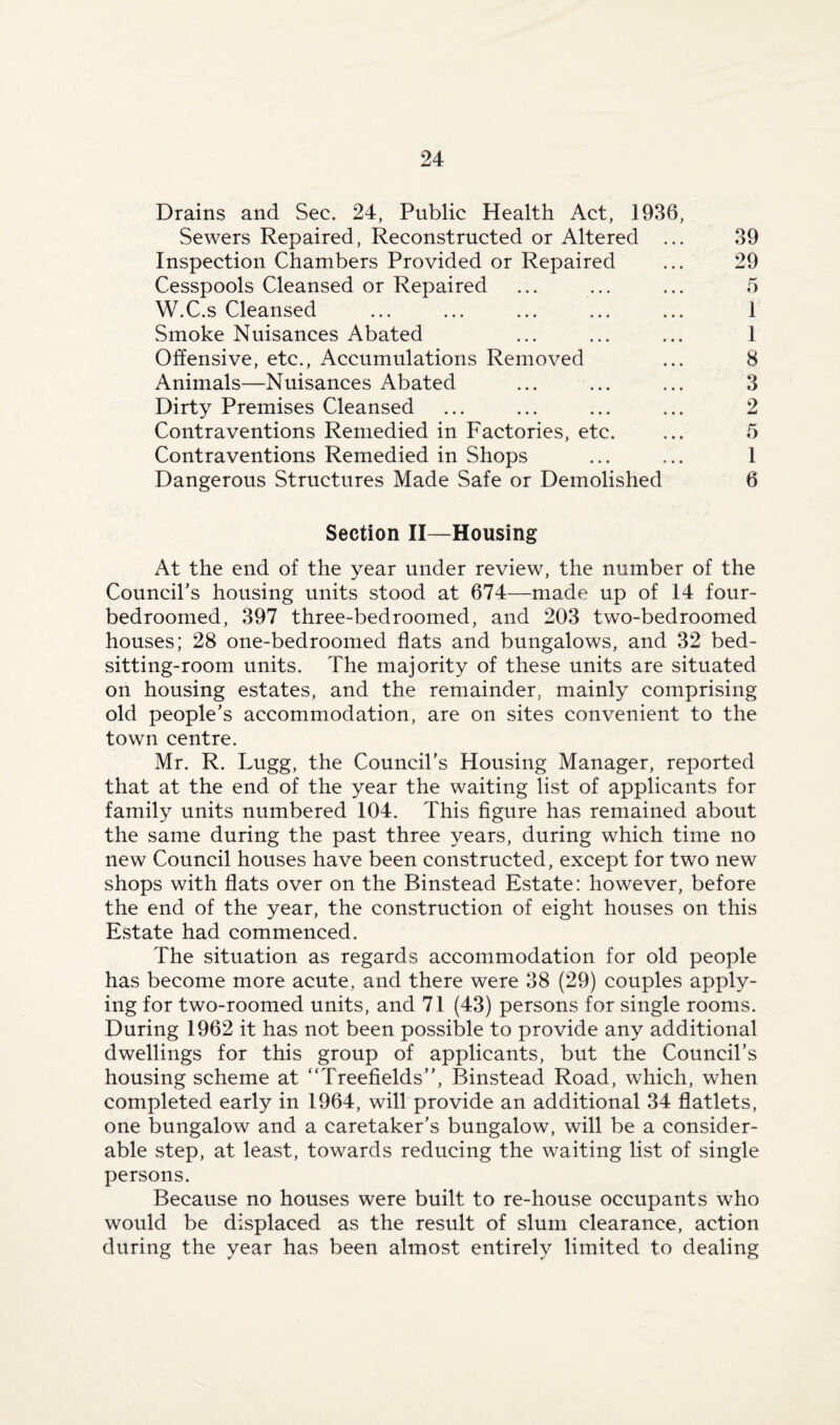 Drains and Sec. 24, Public Health Act, 1936, Sewers Repaired, Reconstructed or Altered ... Inspection Chambers Provided or Repaired Cesspools Cleansed or Repaired W.C.s Cleansed Smoke Nuisances Abated Offensive, etc., Accumulations Removed Animals—Nuisances Abated Dirty Premises Cleansed Contraventions Remedied in Factories, etc. Contraventions Remedied in Shops Dangerous Structures Made Safe or Demolished 39 29 5 1 1 8 3 2 5 1 6 Section II—Housing At the end of the year under review, the number of the Council’s housing units stood at 674—made up of 14 four- bedroomed, 397 three-bedroomed, and 203 two-bedroomed houses; 28 one-bedroomed flats and bungalows, and 32 bed- sitting-room units. The majority of these units are situated on housing estates, and the remainder, mainly comprising old people’s accommodation, are on sites convenient to the town centre. Mr. R. Lugg, the Council’s Housing Manager, reported that at the end of the year the waiting list of applicants for family units numbered 104. This figure has remained about the same during the past three years, during which time no new Council houses have been constructed, except for two new shops with flats over on the Binstead Estate: however, before the end of the year, the construction of eight houses on this Estate had commenced. The situation as regards accommodation for old people has become more acute, and there were 38 (29) couples apply¬ ing for two-roomed units, and 71 (43) persons for single rooms. During 1962 it has not been possible to provide any additional dwellings for this group of applicants, but the Council’s housing scheme at “Treefields”, Binstead Road, which, when completed early in 1964, will provide an additional 34 flatlets, one bungalow and a caretaker’s bungalow, will be a consider¬ able step, at least, towards reducing the waiting list of single persons. Because no houses were built to re-house occupants who would be displaced as the result of slum clearance, action during the year has been almost entirely limited to dealing