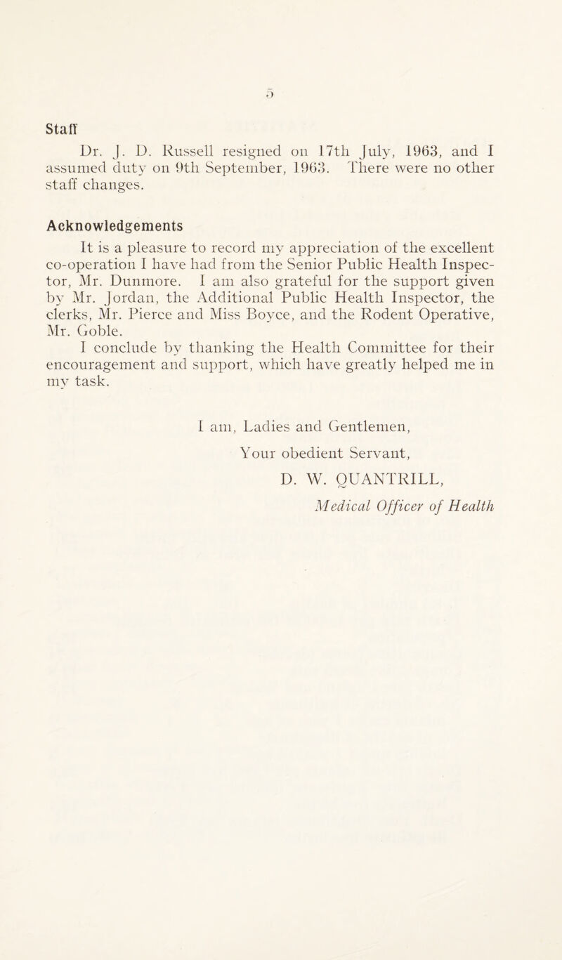 Dr. J. D. Russell resigned on 17th July, 1963, and I assumed duty on 9th September, 1963. There were no other staff changes. Acknowledgements It is a pleasure to record my appreciation of the excellent co-operation I have had from the Senior Public Health Inspec¬ tor, Mr. Dunmore. I am also grateful for the support given by Mr. Jordan, the Additional Public Health Inspector, the clerks, Mr. Pierce and Miss Boyce, and the Rodent Operative, Mr. Goble. I conclude by thanking the Health Committee for their encouragement and support, which have greatly helped me in mv task. I am, Ladies and Gentlemen, Your obedient Servant, D. W. OUANTRILL, Medical Officer of Health