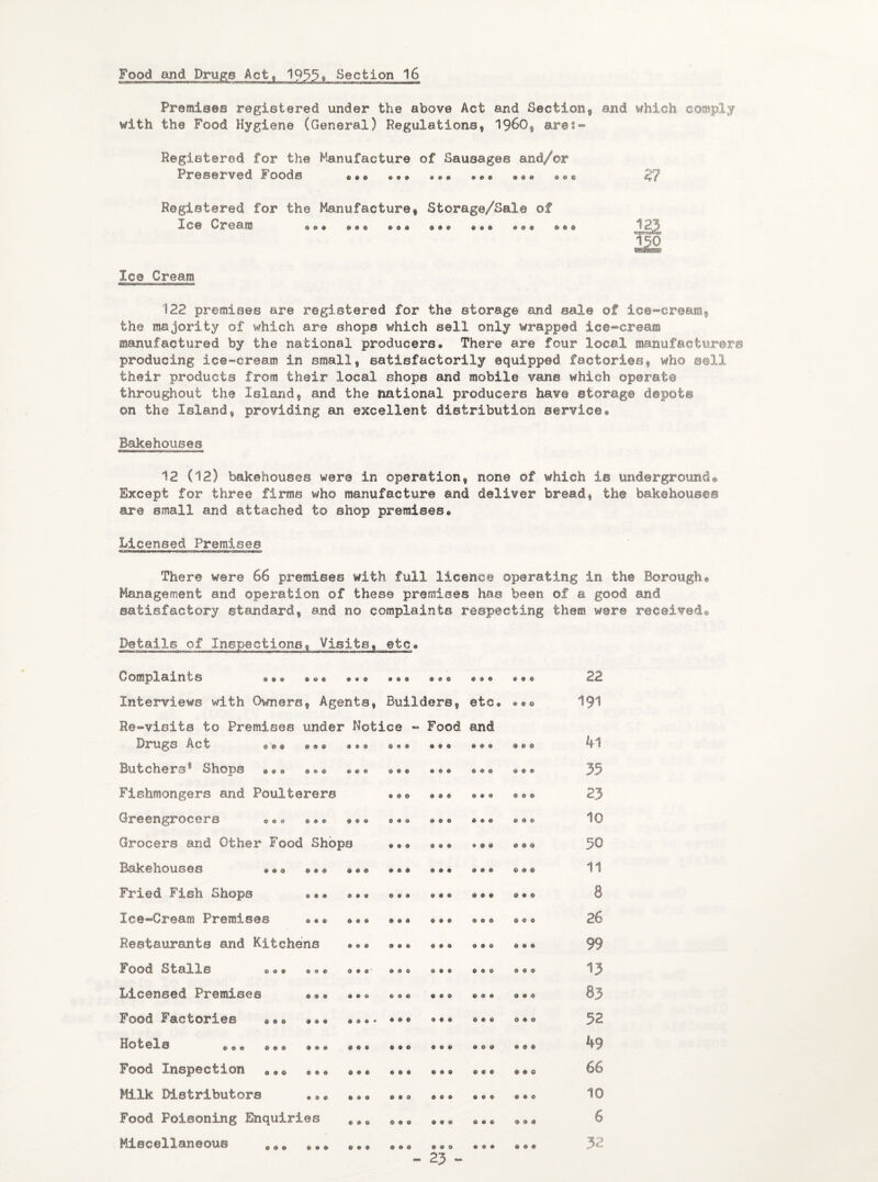 Premises registered under the above Act and Section, and which comply with the Food Hygiene (General) Regulations, i960, ares- Registered for the Manufacture of Sausages and/or Preserved Foods ••• «® ® © Z? Registered for the Manufacture, Storage/Sale of Ice Cream ® ® ® ® ®® ® ® @ ® 123 Ice Cream S22 premises are registered for the storage and sale of ice-cream, the majority of which are shops which ©©11 only wrapped ice-cream manufactured by the national producers® There are four local manufacturers producing icecream in small, satisfactorily ©quipped factories, who sell their products from their local shops and mobile vane which operate throughout the Island, and the national producers have storage depot® on the Island, providing an excellent distribution service® Bakehouses 12 (12) bakehouses were in operation, non© of which is underground® Except for three firms who manufacture and deliver bread, the bakehouses are small and attached to shop premises® Licensed Premises There were 66 premises with full licence operating in the Borough* Management and operation of these premises has been of a good as,cl satisfactory standard, and no complaints respecting them were received® Details of Inspections, Visits, etc• Complaints *•® 22 Interviews with Owners, Agents, Builders, etc® @®© 191 Re-visits to Premises under Notice - Food and Drugs Act a®® ®«>® 41 Butchers® Shops 35 Fishmongers and Poulterers • •• 23 Greengrocers 10 Grocers and Other Food Shops 50 Bakehouses «®e ©®® 11 Fried Fish Shops ... * ®. ... ..* ... •.. 8 Ice-Cream Premises • • • • • • ® ® ® ® ® ® «> ® 26 Restaurants and Kitchens 99 Food Stall© ® ® e ®0® 9®® 13 Licensed Premises «•* ® ® ® ® 83 Food Factories ®0® ***> • ••. *»* 52 Hotels C9,« ®0© ®«® o®® «ei9 «® ® 49 Food Inspection 0@s> 9 ® ®*0 66 Milk Distributors ••• **<» ®.® 10 Food Poisoning Enquiries * w S8S ,## 6 Miscellaneous e, e®« ® * *0® 32 - 23 -