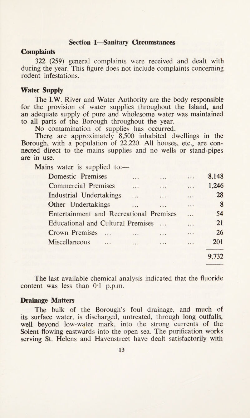 Section I—Sanitary Circumstances Complaints 322 (259) general complaints were received and dealt with during the year. This figure does not include complaints concerning rodent infestations. Water Supply The I.W. River and Water Authority are the body responsible for the provision of water supplies throughout the Island, and an adequate supply of pure and wholesome water was maintained to all parts of the Borough throughout the year. No contamination of supplies has occurred. There are approximately 8,500 inhabited dwellings in the Borough, with a population of 22,220. All houses, etc., are con¬ nected direct to the mains supplies and no wells or stand-pipes are in use. Mains water is supplied to:— Domestic Premises ... ... ... 8,148 Commercial Premises ... ... ... 1,246 Industrial Undertakings ... ... ... 28 Other Undertakings ... ... ... 8 Entertainment and Recreational Premises ... 54 Educational and Cultural Premises ... ... 21 Crown Premises ... ... ... ••• 26 Miscellaneous ... ... ... ... 201 9,732 The last available chemical analysis indicated that the fluoride content was less than 0T p.p.m. Drainage Matters The bulk of the Borough’s foul drainage, and much of its surface water, is discharged, untreated, through long outfalls, well beyond low-water mark, into the strong currents of the Solent flowing eastwards into the open sea. The purification works serving St. Helens and Havenstreet have dealt satisfactorily with