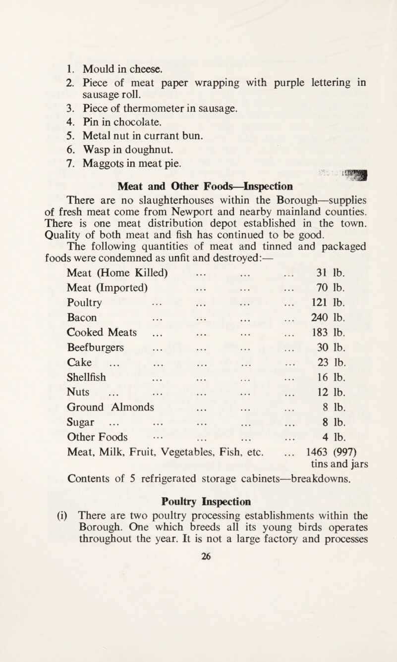 1. Mould in cheese. 2. Piece of meat paper wrapping with purple lettering in sausage roll. 3. Piece of thermometer in sausage. 4. Pin in chocolate. 5. Metal nut in currant bun. 6. Wasp in doughnut. 7. Maggots in meat pie. iosfl* Meat and Other Foods—Inspection There are no slaughterhouses within the Borough—supplies of fresh meat come from Newport and nearby mainland counties. There is one meat distribution depot established in the town. Quality of both meat and fish has continued to be good. The following quantities of meat and tinned and packaged foods were condemned as unfit and destroyed:— Meat (Home Killed) 31 lb. Meat (Imported) 70 lb. Poultry ... 121 lb. Bacon ... 240 lb. Cooked Meats ... 183 lb. Beefburgers 30 lb. Cake 23 lb. Shellfish 16 lb. Nuts 12 lb. Ground Almonds 8 lb. Sugar 8 lb. Other Foods 4 lb. Meat, Milk, Fruit, Vegetables, Fish, etc. ... 1463 (997) tins and jars Contents of 5 refrigerated storage cabinets—breakdowns. Poultry Inspection (i) There are two poultry processing establishments within the Borough. One which breeds all its young birds operates throughout the year. It is not a large factory and processes