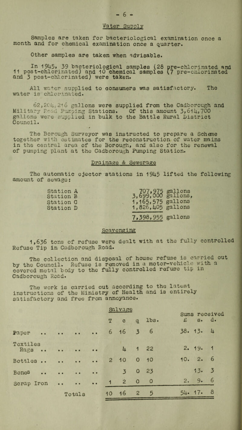 '■7ater Supply Samples are taken for bacteriological examination once a month and for chemical examination once a quarter. 0 Other samples are taken when advisable. In 1945, 39 bacteriological samples (28 pre-chicrinated and 11 post-chlorinated) and 10 chemical samples (7 pre-chiorinated and 3 post-chlorinated) were taken. All water supplied to consumers wa3 satisfactory. The water is chlorinated. 62,204,2lo gallons were supplied from the Cadborough and Military Fasti Pumping Stations. Of this amount 3,614,700 gallons were supplied in bulk to the Battle Rural district Council. The Borough Surveyor was instructed to prepare a Schane together with estimates for the reconstruction of water mains in the central area of the Borough, and also for the renewal of pumping plant at the Cadborough Pumping Station. Drainage & Sewerage The automatic ejector stations in 1945 lifted the following amount of sewage: Station A Station B Station G Station D 1,165,575 gallons 1,82b,405 gallons 7,398,955 gallons Scavenging 1,636 tons of refuse were dealt with at the fully controlled Refuse Tip in Cadborough Road. The collection and disposal of house refuse is carried out by the Council. Refuse is removed in a motor-vehicle v.ith a covered metal body to the fully controlled refuse tip in Cadborough Road. The work is carried out according to the latest instructions of the Ministry of Health and i3 entirely satisfactory and free from annoyance. Salvage Sums received T c <1 lbs. £ 6. d. Paper . 6 16 3 6 38. 13. 4 Textiles Rags 4 1 22 2. 19. 1 Bottles .. 10 0 10 10. 2. 6 Bones • • • • • • 3 0 23 13. 3 Scrap Iron .. .. •. 2 0 0 2. 9. 6 Totals 10 16 2 5 54. 17. 8