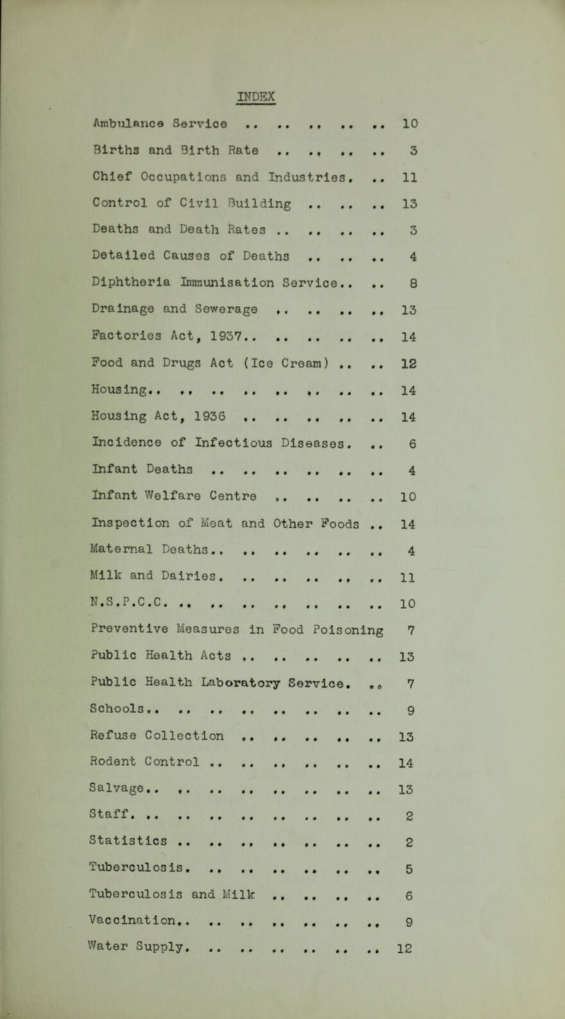 INDEX Ambulance Service.10 Births and Birth Rate .. ., ., ., 3 Chief Occupations and Industries, .. 11 Control of Civil Building ,, ,, 13 Deaths and Death Rates ., ,, ,, ,, 3 Detailed Causes of Deaths . 4 Diphtheria Immunisation Service.. .. 8 Drainage and Sewerage .. 13 Factories Act, 1937. 14 Food and Drugs Act (Ice Cream) .. .. 12 Housing,, ,, .14 Housing Act, 1936 14 Incidence of Infectious Diseases. .. 6 Infant Deaths . 4 Infant Welfare Centre . 10 Inspection of Meat and Other Foods ., 14 Maternal Deaths. 4 Milk and Dairies.11 N.S.P.C.C.10 Preventive Measures in Food Poisoning 7 Public Health Acts.13 Public Health Laboratory Service, ,0 7 Schools., ,. . , 9 Refuse Collection .. 13 Rodent Control. .14 Salvage,. ,. .. 13 Staff. 2 Statistics . 2 Tuberculosis. ., . , 5 Tuberculosis and Milk. 6 Vaccination,, ,, .. #f 9 Water Supply.12