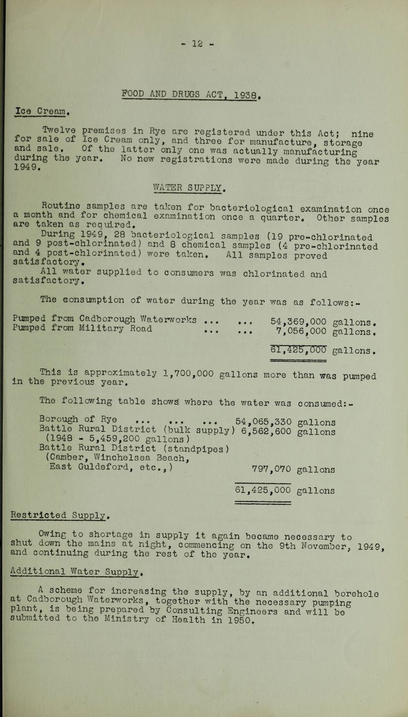 12 FOOD AND DRUGS ACT, 1958. Icq Cream, Twelve premises in Rye are registered under this Act; nine tor sale of Ice Cream only, and three for manufacture, storage and aale. Of the latter only one was actually manufacturing the year* No now registrations were made during tho year 194 9 • WATER SUPPLY, Routine samples are taken for bacteriological examination once a month and for chemical examination once a quarter* Other samples are taken as required. During 1949, 28 oacteriological samples (19 pre-chlorinated and 9 post-chlorinated) and 8 chemical samples (4 pro-chlorinated and 4 post-chlorinated) wore taken. All samples proved satisfactory. All water supplied to consumers was chlorinated and satisfactory. The consumption of water during the year was as follows:- Pumped from Cadborough Waterworks Pumped from Military Road 54,369,000 gallons. 7,056,000 gallons, 31,425,000 gallons• This is approximately 1,700,000 gallons more than was pumped in the previous year. ^ Tho f oil owing table shows', where the water was consumed:- Borough of Rye ... ... ... 54,065,330 gallons Battle Rural District (bulk supply) 6,562,600 gallons (1948 - 5,459,200 gallons) Battle Rural District (standpipes) (Camber, Winchelsea Beach, East Guldeford, etc.,) 797,070 gallons 61,425,000 gallons Restricted Supply. Owing to shortage in supply it again became necessary to shut down the mains at night, commencing on the 9th November. 1949 and continuing during the rest of the year. Additional Water Supply. A scheme for increasing the supply, by an additional borehole at Cadoorough Waterworks, together with the necessary pumping plant, is being prepared by Consulting Engineers and will be submitted to the Ministry of Health in 1950.