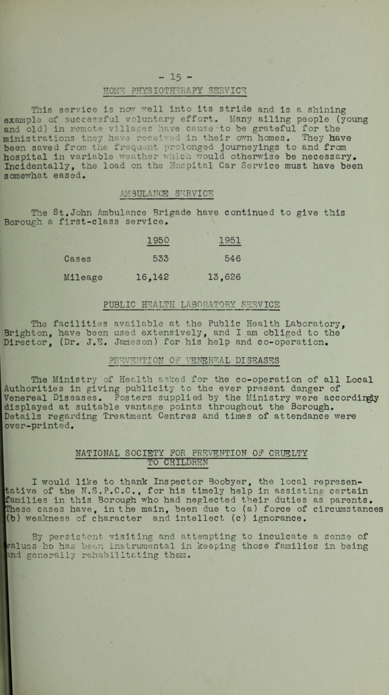 - 15 - HOME PHYSIOTHERAPY SERVICE This service is now ’veil into its stride and is a shining example of successful voluntary effort. Many ailing people (young and old) in remote villages have cause -to be grateful for the ministrations tney have received in their own homes. They have been saved from the frequent prolonged journeyings to and from hospital in variable weather which would otherwise be necessary. Incidentally, the load on the Hospital Car Service must have been somewhat eased. AMBULANCE SERVICE The St.John Ambulance Brigade have continued to give this Borough a first-class service. 1950 1951 Cases 533 546 Mileage 16,142 13,626 PUBLIC HEALTH LABORATORYSERVICE The facilities available at the Public Health Laboratory, Brighton, have been used extensively, and I am obliged to the Director, (Dr. J.E. Jameson) for his help and co-operation. PREVENTION 01 VENEREAL DISEASES The Ministry of Health asked for the co-operation of all Local Authorities in giving publicity to the ever present danger of Venereal Diseases. Posters supplied by the Ministry were accordirgly displayed at suitable vantage points throughout the Borough. Details regarding Treatment Centres and times of attendance were over-printed. NATIONAL SOCIETY EOR PREVENTION OF CRUELTY to Children I would like to thank Inspector Boobyer, the local represen¬ tative of the N.S.P.C.C., for his timely help in assisting certain families in this Borough who had neglected their duties as parents. [These cases have, in the main, been due to (a) force of circumstances (b) weakness of character and intellect (c) ignorance. By persistent visiting and attempting to inculcate a sense of lvalues ho has been instrumental in keeping those families in being pnd generally rehabilitating them.