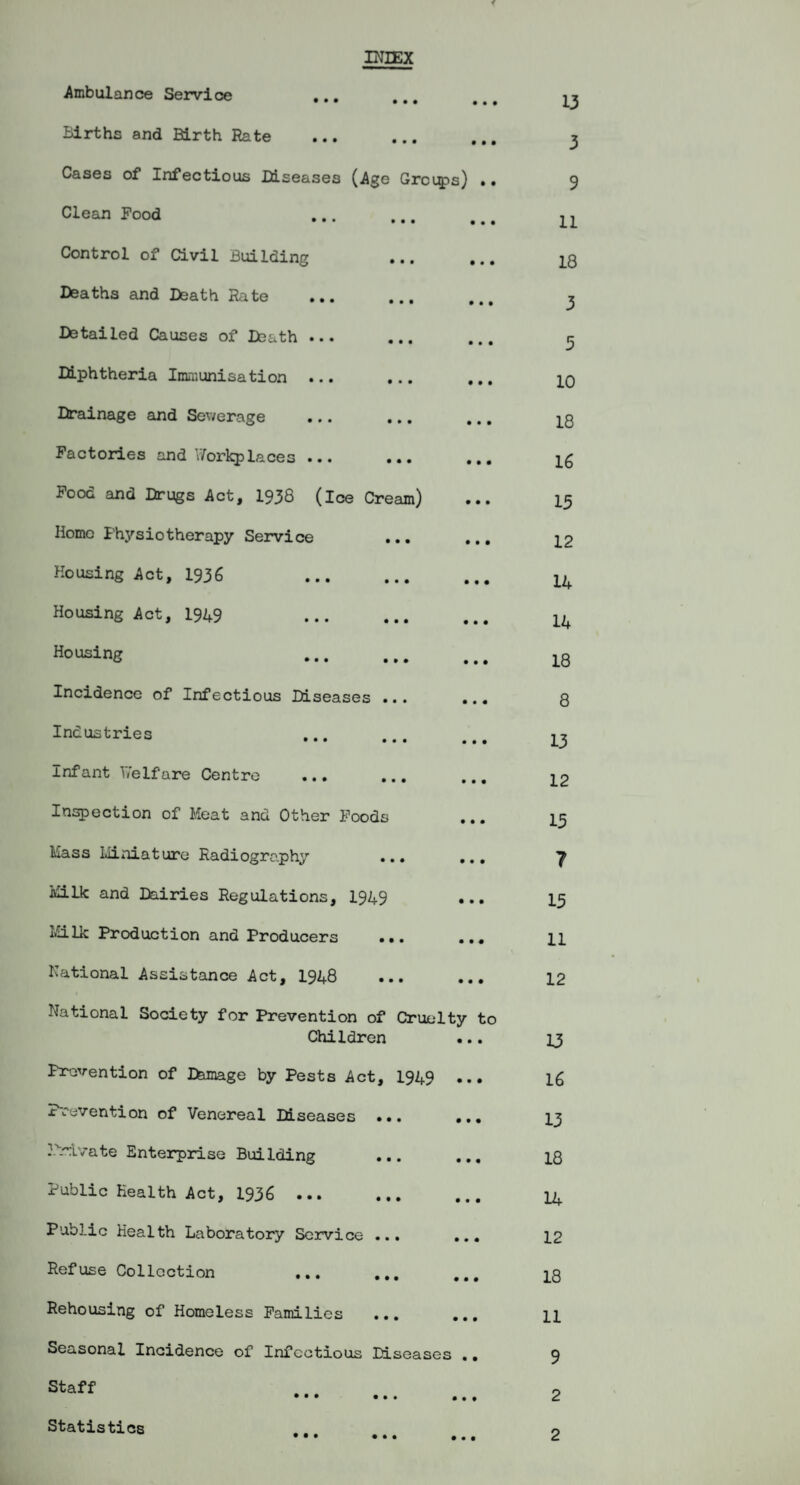 INIEX Ambulancje Service ... Births and Birth Rate Cases of Infectious JCtiseases (Age Groin's) .. Clean Pood . Control of Civil Building Deaths and Death Rate Detailed Causes of Death ... Diphtheria Inur.unisation ... Drainage and Sev/erage Factories and 17orkplaces ... ... ... Pood and Drugs Act, 1938 (ice Cream) Homo Physiotherapy Service ... ... Housing Act, 1936 . Housing Act, 1949 . Housing . Incidence of Infectious Diseases ... Industries . Infant IVelfare Centro ... ... ... Inspection of Meat and Other Poods Mass lUniaturo Radiography ... ... Milk and Dairies Regulations, I949 liilk Production and Producers ... ... National Assistance Act, I948 National Society for Prevention of Cruelty to Children Prevention of Damage by Pests Act, I949 ... Prevention of Venereal Diseases ... ... I'rrlvate Enterprise Building ... ... Public Health Act, 1936 . Public Health Laboratory Service ... ... Refuse Collection ... ,,, Rehousing of Homeless Families Seasonal Incidence of Infectious Diseases .. Staff ••• ••• Statistics 13 3 9 11 18 3 5 10 18 16 15 12 14 14 18 8 13 12 15 7 15 11 12 13 16 13 18 14 12 18 11 9 2 2