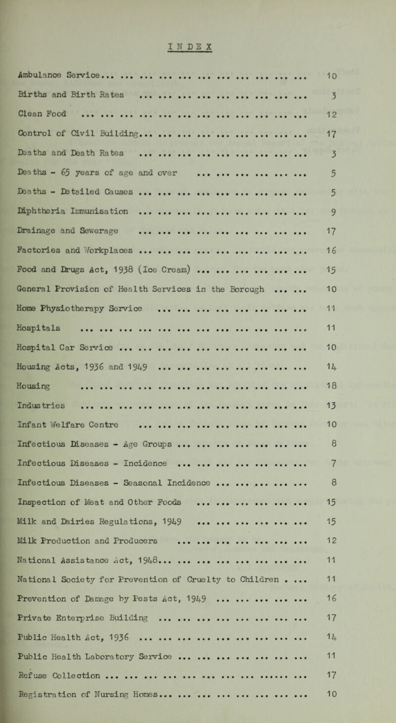 INDEX Ambulance Service. 10 Births and Birth Rates . 3 Clean Pood . 12 Control of Civil Building. 17 Deaths and Death Rates . ... 3 Deaths - 63 years of age and over . 3 Deaths - Detailed Causes. 3 Diphtheria Immunisation . 9 Drainage and Sewerage . 17 Factories and Workplaces . 16 Food and Drugs Act, 1938 (Ice Cream)... 13 General Provision of Health Services in the Borough . 10 Home Physiotherapy Service . 11 Hospitals . 11 Hospital Car Service. ... 10 Housing Acts, 1936 and 1949 14 Housing . 18 Industries . 13 Infant V/elfare Centre . 10 Infectious Diseases - Age Groups . 8 Infectious Diseases - Incidence . 7 Infectious Diseases - Seasonal Incidence . ... 8 Inspection of Meat and Other Foods . 13 Milk and Dairies Regulations, 1949 15 Milk Production and Producers . 12 National Assistance Act, 1948. 11 National Society for Prevention of Cruelty to Children .... 11 Prevention of Damage by Pests Act, 1949 . 16 Private Enterprise Building . 17 Public Health Act, 1936 14 Public Health Laboratory Service. 11 Refuse Collection. 17 Registration of Nursing Homes. 10