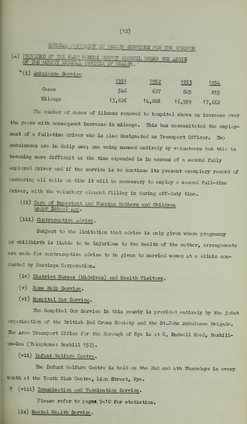 (12) GENERAL ■^vJ.SlOK or iEid.'Ih SERVICES FOR THE BOROUGH ; Ku ILED :-v TliL S. SoEX COUNTY COUNCIL OF PIE COUNTY MEDICAL OFFICS-iOP hZj,L'TK~ NIEK THE *»EGIS *(i) Ambulance Service Cases Mileage 1251 546 13,626 1952 627 14,208 1551 805 16,959 1254 815 17,662 The nunber of cases of illness removed to hospital shows an increase over the years with consequent increase in mileage. This has necessitated the employ¬ ment of a full-time driver who is also designated as Transport Officer. Two ambulances are in daily use; one being manned entirely by volunteers but this is becoming more difficult as the time expended is in excess of a second fully employed driver and if the service is to continue its present exenplary record of answering all calls on time it will be necessary to employ a second full-time eriver, with the voluntary element filling in during off-duty time. (i:0 Care of Expectant and Nursing Mothers and Children under School 4ge. -- (iii) Contraceptive Advice. Subject to the limitation that advice is only given where pregnancy or childbirth is liable to be injurious to the health of the mother, arrangements are made for contraceptive advice to be given to married women at a clinic con¬ ducted by Hastings Corporation. (iv) ^.strict Nurses (Midwives) and Health Visitors. (v) Home Help Service. (vi) Hospital Car Service. The Hospital Car Service in this county is provided entirely by the joint organisation of the British Red Cross Society and the St.John /imbulance Brigade. The iirea Transport Office for the Borough of Rye is at 8, Endwell Road, Bexhill- on-Sea (Telephone: Bexhill 152). (vii) Infant Welfare Centre. The Infant Welfare Centre is held on the 2nd and 4th Thursdays in every month at the Youth Club Centre, Lion Street, Rye. * (viii) Immunisation and Vaccination Service. Please refer to page*, 9-.1Q for statistics,