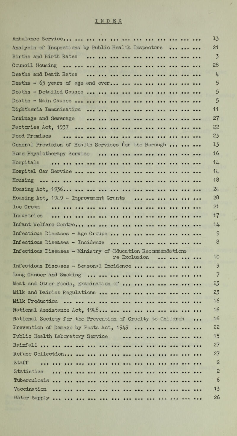 INDEX Ambulance Service..... 13 Analysis cf Inspections by Public Health Inspectors . 21 Births and Birth Rates ... 3 Council Housing . 28 Deaths and Death Rates ... 4 Deaths - 65 years of age and over. 5 Deaths - Detailed Causes ... .. ... 5 Deaths - Main Causes...... ... ... 5 Diphtheria Immunisation ... ...... 11 Drainage and Sewerage .. .. 27 Factories Act, 1937 22 Food Premises .. ... . 23 General Provision of Health Services for the Borough. 13 Hone Physiotherapy Service ... ... .. 16 Hospitals . 14 Hospital Car Service ... ... .. ... . 14 Housing ... ... ... ... ... ... 18 Housing Act, 193&...... 24 Housing Act, 1949 - Improvement Grants ... . 28 Ice Cream ... ... .. ... ... ... . 21 Industries .... .... 17 Infant Welfare Centre. 14 Infectious Diseases - Age Groups. ... 9 Infectious Diseases - Incidence ... .... 8 Infectious Diseases - Ministry of Education Recommendations re Exclusion . 10 Infectious Diseases - Seasonal Incidence .. 9 Lung Cancer and Smoking .... 7 Meat and Other Foods, Examination of ... ... 23 Milk and Dairies Regulations .. 23 Milk Production ... ... ... ... ... ... ... ... 16 National Assistance Act, 1948. ••• 16 National Society for the Prevention of Cruelty to Children ... 16 Prevention cf Damage by Pests Act, 1949 ... ... .. 22 Public Health Laboratory Service .. 15 Rainfall. ... 27 Refuse Collection. 27 Staff . 2 Statistics ... ... ... ... ..... ... 2 Tuberculosis. 6 Vaccination ... ... ... ... ... ... 13 Water Supply.. ... ... ... ... ... ... 26