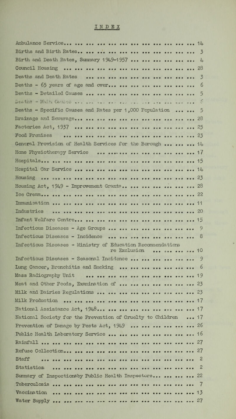 INDEX Ambulance Service. 14 Births and Birth Rates. 3 Birth and Death Rates, Summary 194-9-1957 . 4 Council Housing . 28 Deaths and Death Rates ..... ... ... 3 Deaths - 65 years of age and over... ... 6 Deaths - Detailed Causes. 5 1 ) Si O ^ ~ ^J — ■ X a - 1 . . | -y m I, *. c . . f y y . _ e . » 9 9 Jib ,i w* •' C*.. O Deaths - Specific Causes and Rates per 1,000 Population ... ... 5 Drainage and Sewerage... 28 Factories Act, 1937 .... ..25 Food Pranises ... .. ... ... ... ... 23 General Provision of Health Services for the Borough.14 Hcme Physiotherapy Service ...... l7 Hospitals... ..... ... ... ... ... ... 15 Hospital Car Service.... ... ....14 Housing ... ... .......23 Housing Act, 1949 - Improvement Grants.... 28 IceCream... ........22 Immunisation.. ... ... ... ... ... ... ... ... ... 11 Industries ... ... ... ... ... ... ... ... ... 20 Infant Welfare Centre..... ..15 Infectious Diseases - Age Groups... 9 Infectious Diseases - Incidence ..... ... 8 Infectious Diseases - Ministry of Education Recommendations re Exclusion ... o.. ..o ... 10 Infectious Diseases - Seasonal Incidence ... ... ... 9 Lung Cancer, Bronchitis and Smcking .. 6 Mass Radiography Unit .. ... ... ... 19 Meat and Other Foods, Examination of ... ... ... ... 23 Milk and Dairies Regulations ... ... ... ... ... ... 23 Milk Production .... ... ... 17 National Assistance Act, 1948.. ... ... ... ... ... ... ... 17 National Society for the Prevention of Cruelty to Children ... 17 Prevention of Damage by Pests Act, 1949 ... ••• 26 Public Health Laboratory Service.. ....l6 Rainfall...... ... 27 Refuse Collection......27 Staff ...... 2 Statistics. ... .. ... ... 2 Summary of Inspections by Public Health Inspectors... ... 22 Tuberculosis ... ........ 7 Vaccination .. ... .... 13 Water Supply ... ... ... ... ... ... ... ... ... ... ... ... ... 27