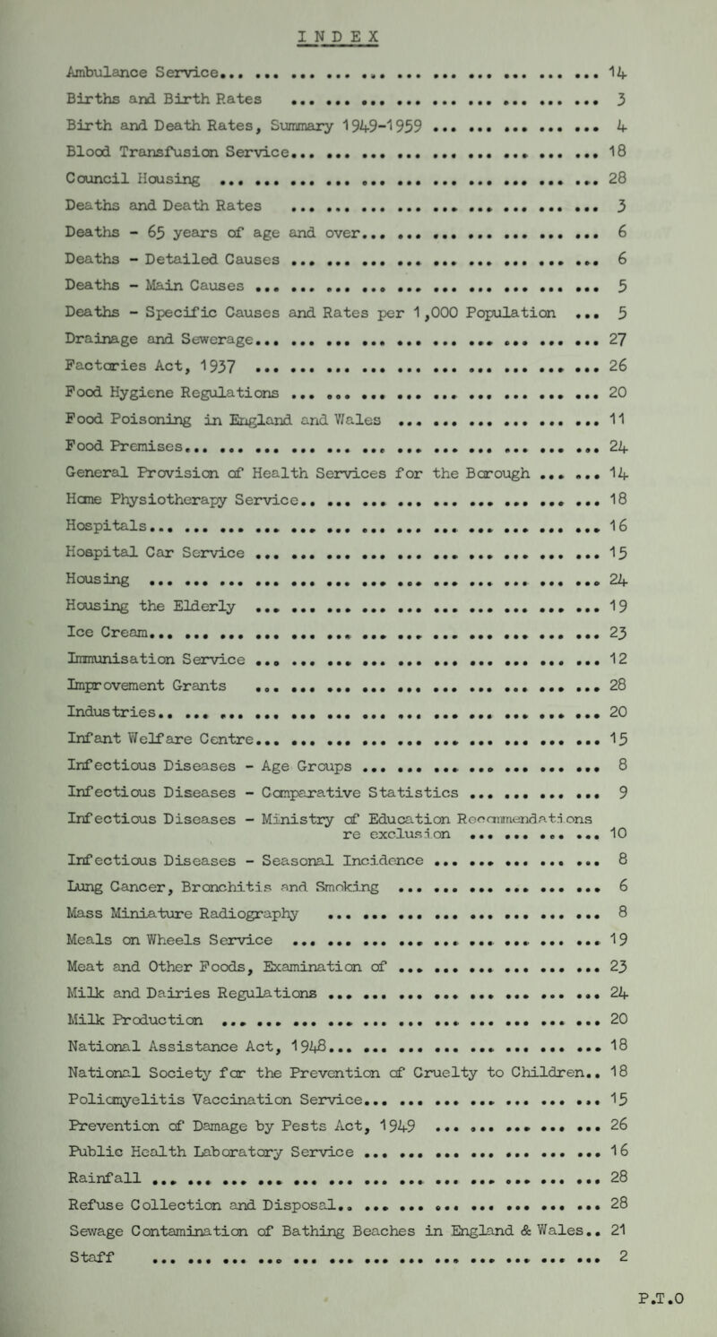 Ambulance Service... ..14 Births and Birth Rates .. .. 3 Birth and Death Rates, Summary 1949-1959 .. 4 Blood Transfusion Service...18 Council Housing .... ... 28 Deaths and Death Rates ... .. ... ... ... ... 3 Deaths - 65 years of age and over... ... ... ... ... ... ... 6 Deaths - Detailed Causes..... 6 Deaths - Main Causes ... . ... ... ... ... ... ... ... 5 Deaths - Specific Causes and Rates per 1,000 Population ... 5 Drainage and Sewerage.. ... ... ... ... ... 27 Factories Act, 1937 .....* ••• 26 Food Hygiene Regulations.. ... 20 Food Poisoning in England and Wales ... ... ... ... ... ... 11 Food Premises.. ... ... ... 24 General Provision of Health Services for the Borough ... ... 14 Heme Physiotherapy Service.,.... ... 18 Hospitals... ... ... ... ... ... ... 16 Hospital Car Service.. ... ... ... ... 15 Housing ..... ... ... ... 24 Housing the Elderly ... ... ... ... ... ... 19 Ice Cream.... ... ....23 Immunisation Service ... ... ... ... ... ... ... ... 12 Improvement Grants .... ... ... 28 Industries.. ... ... ... ... ... 20 Inf ant Welfare Centre... .. ... ... .. 15 Infectious Diseases - Age Groups.. ... 8 Infectious Diseases - Comparative Statistics ... ... ... ... 9 Infectious Diseases - Ministry cf Education Ronaimendatn ons re exclusion .. ... ... 10 Infectious Diseases - Seasonal Incidence ... ... . 8 Lung Cancer, Bronchitis and Smoking ... ... ... ... ... ... 6 Mass Miniature Radiography . ... ... ... 8 Meals on Wheels Service .. ... ... .. 19 Meat and Other Foods, Examination of ....23 Milk and Dairies Regulations .. ... ..24 Milk Production ....... ... 20 National Assistance Act, 1943....... 18 National Society fer the Prevention of Cruelty to Children.. 18 Poliomyelitis Vaccination Service. ... ... ... 15 Prevention of Damage by Pests Act, 1949 ... •••> ..26 Public Health Laboratory Service ... ... ..16 Rainfall.28 Refuse Collection and Disposal.. ..... 28 Sewage Contamination of Bathing Beaches in England & Wales.. 21 Staff .. ... ... 2 P.T.O