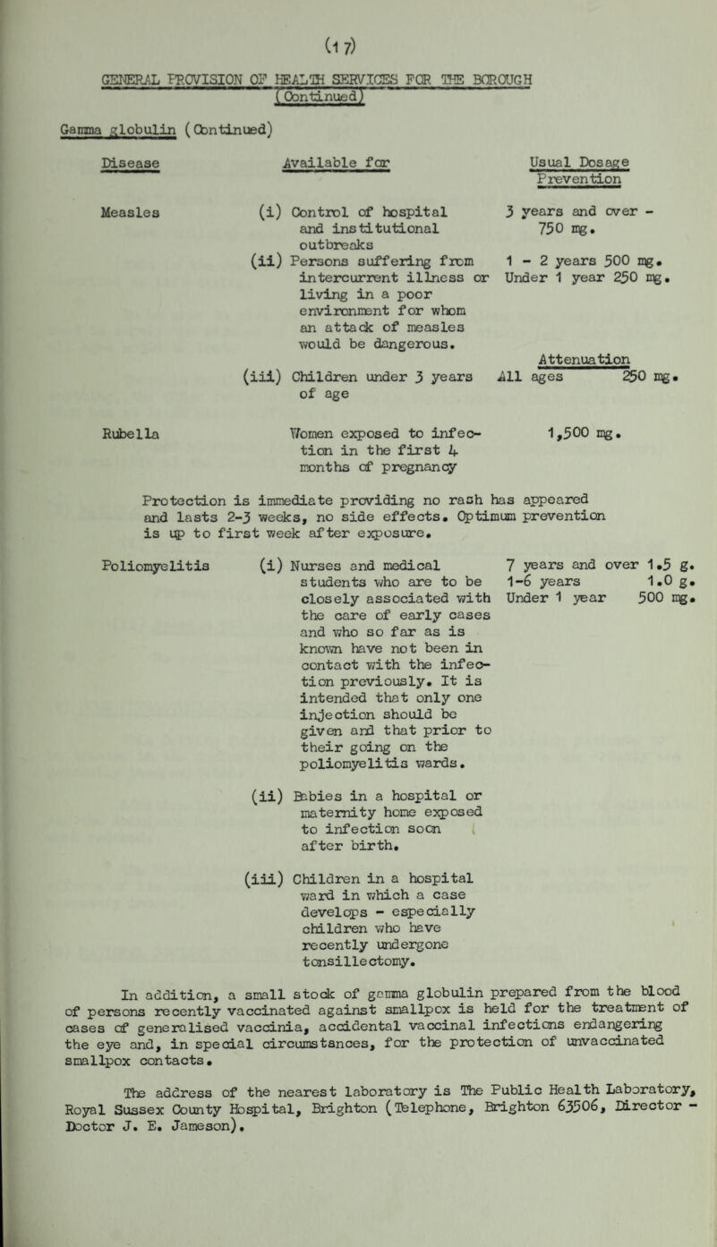 GENERAL PROVISION OF HEALTH SERVICES FOR THE BOROUGH (Continuedr* Gamma globulin (Continued) Disease Available far Usual Dosage Prevention Measles (i) Control of hospital 3 years and over - and institutional outbreaks 750 mg. (ii) Persons suffering from 1-2 years 500 mg. intercurrent illness or Under 1 year 250 mg. living in a poor environment for whom an attack of measles would be dangerous. Attenuation (iil) Children under 3 years All ages 250 mg. of age Rubella Y/omen exposed to infec- 1,500 mg. tion in the first 4 months of pregnancy Protection is immediate providing no rash has appeared and lasts 2-3 weeks, no side effects. Cptimum prevention is up to first week after exposure. Poliomyelitis (i) Nurses and medical students who are to be closely associated with the care of early cases and who so far as is known have not been in contact with the infec¬ tion previously. It is intended that only one injection should be given and that prior to their going on the poliomyelitis wards. (ii) Babies in a hospital or maternity home exposed to infection soon after birth. (iii) Children in a hospital ward in which a case develops - especially children who have recently undergone tonsillectomy. In addition, a small stock of gamma globulin prepared from the blood of persons recently vaccinated against smallpox is held for the treatment of cases cf generalised vaccinia, accidental vaccinal infections endangering the eye and, in special circumstances, for the protection of unvaccinated smallpox contacts. The address of the nearest laboratory is The Public Health Laboratory, Royal Sussex County Hospital, Brighton (Telephone, Brighton 63506, Director — Doctor J. E. Jameson), 7 years and over 1.5 g. 1-6 years 1•0 g• Under 1 year 500 mg*