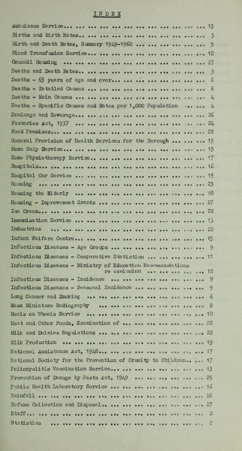 Hodx} Ho Ld So xvi oo ••• »e • ••• ••• ••• ••• **0 e* Homo Physiotherapy Service. Hospitals. ... Ho^ital Car Service.. Housing ..... Housing the Elderly ... Housing - Improvement Grants. Icc Cream... ... ... ... ... ... .0. Immunisation Service. Industrd.es .. ... Infant Welfare Centre. Infectious DLseases - Age Grotps. Infectious Eiaeases - Comparative Statistics 'e 0*0 o • c o n o o ••• ••• ••• 09# ori# ••• 090 ••• OO# 900 C09 OOO 09 009 090 900 OOO 090 OOO OOO Infectious Diseases - Ministry of Educatioii Rooonniiendations re exclusion 000 0 < >0 0 0 0 0 0 0 0 0 00 0 0 9 OOO OOO 090 >’'00 • 009 OOO 090 OOO 9 0 0 CO 9 OOO 900 0 0 9 COO OCO 0«. O OOO OOO O W ; Infectious Diseases - Incidence ..o ... ... ... ... ... ..o Infectious Diseases - Seasonal Incidence ... «»(. .o. ... o-». Lung Cancer and Smoking ... ... ••• ... ... Mass Mimature Hadiography ... ... .o. ... ... ... ... e.. Meals on V^heels Service Meat and Other Poods, Examination of ... liELlk and Dairies Regulations ... ... ... ... Milk Production ... ... ... . Nationa.L Assistance ct, 1 ... ... ... ... ... ... o.. ..<> National Society for the Prevention of Cruelty to Children.. Poliomyelitis Vaccination Service... ... ... Prevention of Damage by Pests i\ct, 1949 Public Health Laboratory Service ... Raxnfal1 ... ... ... ... ... ... ... ... ... ... ..o ..o ... Refuse Collectxon and Zh.sposa 1.. ... ... ... ... ..o ... ... S ta ff.90 ... ... ... ... ... ... ... ... ... ... CO. o.e 0.0 HtaLlstiLcs ... ... ... ... ... ... ... ... ... 0.9 ... 0.0 j^mbulance Service... ... c. 13 Births and Birth Rates.... 3 Birth and Death Rates, Summary 1949-1960.... 5 Bleed Transfusion Service.. ... 18 Council Housing .... ... ... 27 Deaths and Death Rates.. ... ... 3 Deaths - 63 years of age and over.7.. ... ... 6 Deaths - Detailed Causes.... ... ... Deaths ** Mam Causes ... ... ... ... ..o .o. ... ... ... .oc ..o Deaths - ^edfic Causes and Rites per 1,000 Population Drainage and Sewerage.. ... .. Factories ^ct, 1937 .. .*. .c ... .. Pood Premises.. .. Gonoi^l Provision of Health Services for thje Borough 6 4 0.0 » O 0 4 26 O 0 9 0 9 0 0 9 0 999 909 909 24 22 15 9 9 0 0 0 O O 15 17 16 15 23 18 27 22 13 20 15 9 11 CCd 0 O O OOO 90C 99 0 9C9 990 099 C!>0 C 090 0 0 o O o O ... 12 . o« 9 9.9 9 0.9 6 0.0 8 . o. 13 „ 22 o <>. 22 19 .o. 17 e o c 17 15 23 1,4«* b oca 26 o c o 27 O