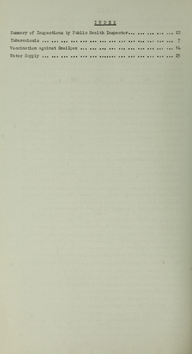 Sunanary of Inspections by Public Health Inspector... .»• ooo 22 Tuberculosis.. ••• ..... o,, 7 Vaccination against Smallpox ..... mo» o.u 14 y/ater Si^PPly .os ••• ••• ... ... ....... ... ... ... ... ... ... 2^