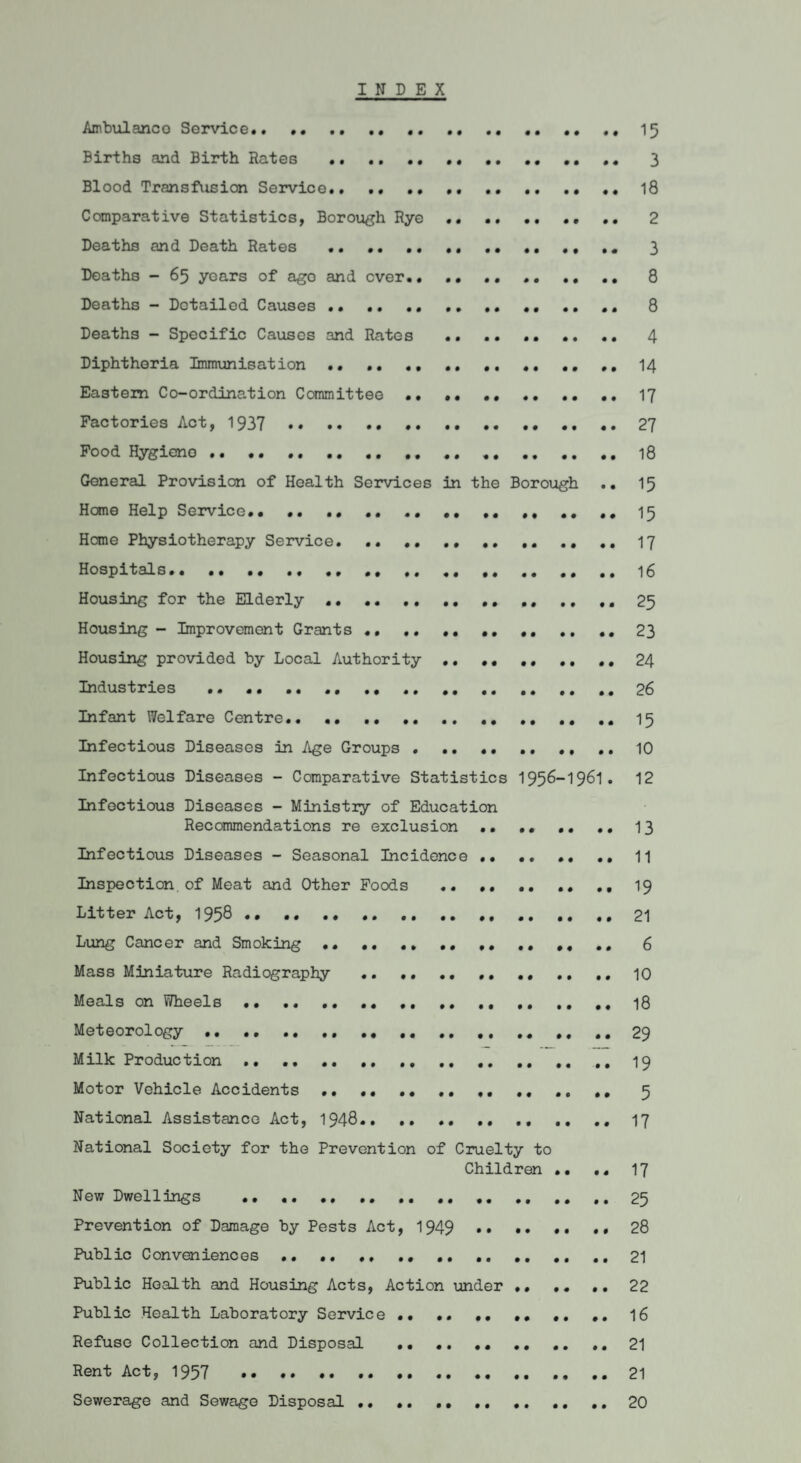 Ambulanco Service. «. .. .. .. .. 15 Births and Birth Rates . •• .. .. .. .. 3 Blood Transfusion Service...18 Comparative Statistics, Borough Rye . • .. 2 Deaths and Death Rates .. ... .. 3 Deaths - 65 years of ago and ever*. .• •• .. ., .. 8 Deaths - Detailed Causes •• .. .. •• , • .. .. 8 Deaths - Specific Causes and Rates . 4 Diphtheria Immunisation .. •• .,.. .. ,, 14 Eastern Co-ordination Committee .. .. 17 Factories Act, 1937 27 Food Hygieno .. • • .. ... 18 General Provision of Health Services in the Borough .. 15 Home Help Service... .. .. 15 Home Physiotherapy Service. ..17 Hospitals.16 Housing for the Elderly. 25 Housing - Improvement Grants .. 23 Housing provided by Local Authority .. .. .. ., ., 24 Industries .. .. .. ..26 Infant Welfare Centre.. .. 15 Infectious Diseases in Age Groups . .. •• .. .. 10 Infectious Diseases - Comparative Statistics 1956-1961. 12 Infectious Diseases - Ministry of Education Recommendations re exclusion .. .. .. 13 Infectious Diseases - Seasonal Incidence •• .. •• .. 11 Inspection, of Meat and Other Foods . .. .. 19 Litter Act, 195® •• •* •• •• «• •• •• .. .. •• 21 Lung Cancer and Smoking •• .. ,, .. 6 Mass Miniature Radiography . .. 10 Meals on Wheels •• .. .. .. .18 Meteorology. 29 Milk Production .. 19 Motor Vehicle Accidents •• •• 5 National Assistance Act, 1948. 17 National Society for the Prevention of Cruelty to Children .. .. 17 New Dwellings •• .. .. .. .. .. .. ## 25 Prevention of Damage by Pests Act, 1949 •• •• •• •• 28 Public Conveniences .. .. ,, .. .21 Public Health and Housing Acts, Action under •• ,. .. 22 Public Health Laboratory Service •• .. .. .. ## 16 Refuse Collection and Disposal •• .. .. .. .. .. 21 Rent Act, 1957 •• ..21 Sewerage and Sewage Disposal. 20