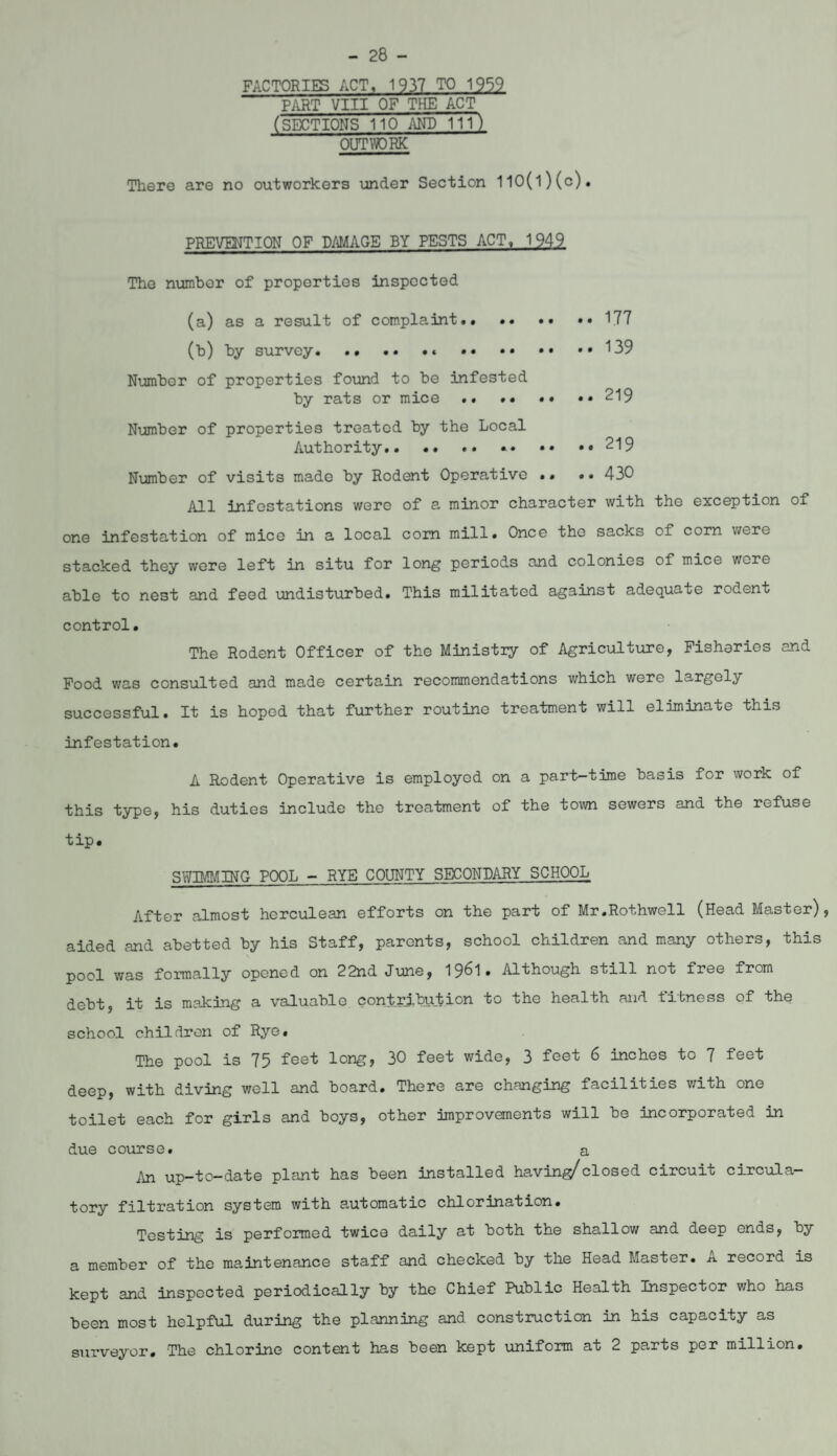 - 28 - FACTORIES ACT, 1937 TO 1959 PART VIII OF THE ACT (SECTIONS 110 AND 111) OUTWORK There are no outworkers under Section 110(l)(c). PREVENTION OF DAMAGE BY PESTS ACT, 1949 The number of properties inspected (a) as a result of complaint.. •• •• ..177 (b) by survey.. .139 Number of properties found to be infested by rats or mice •• .. •• ..219 Number of properties treated by the Local Authority. *.219 Number of visits made by Rodent Operative •• .. 430 All infestations were of a minor character with the exception of one infestation of mice in a local com mill. Once the sacks of corn were stacked they were left in situ for long periods and colonies of mice wore able to nest and feed undisturbed. This militated against adequate rodent control. The Rodent Officer of the Ministry of Agriculture, Fisheries and Food was consulted and made certain recommendations which were largely successful. It is hoped that further routine treatment will eliminate this infestation. A Rodent Operative is employed on a part-time basis for work of this type, his duties include the treatment of the town sewers and the refuse tip* SWIMMING POOL - RYE COUNTY SECONDARY SCHOOL After almost herculean efforts on the part of Mr.Rothwell (Head Master), aided and abetted by his Staff, parents, school children and many others, this pool was formally opened on 22nd June, 1961. Although still not free from debt, it is making a valuable contribution to the health and fitness of the school children of Ryo. The pool is 75 feet long, 30 feet wide, 3 feet 6 inches to 7 feet deep, with diving well and board. There are changing facilities with one toilet each for girls and boys, other improvements will be incorporated in due course. a An up—to—date plant has been installed having/closed circuit circula¬ tory filtration system with automatic chlorination. Testing is performed twice daily at both the shallow and deep ends, by a member of the maintenance staff and checked by the Head Master. A record is kept and inspected periodically by the Chief Public Health Inspector who has been most helpful during the planning and construction in his capacity as surveyor* The chlorine content has been kept uniform at 2 parts per million.