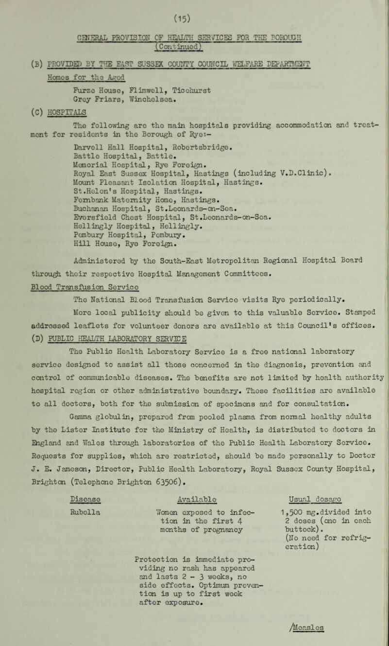 (15) GENERAL PROVISION OF HEALTH SERVICES FOR THE BOROUGH TContlnuodT (B) PROVIDED BY THE E4ST SUSSEX. COUNTY COUNCIL WELFARE DEPARTMENT Homos for the Agod Furze House, Flimwell, Ticchurst Grey Friars, Winchelsea. (C) HOSPITALS Tho follov/ing are tho main hospitals providing accommodation and treat¬ ment for residents in the Borough of Rye;- Darvell Hall Hospital, Robert sbridge. Battle Hospital, Battle. Memorial Hospital, Rye Foreign. Royal East Sussex Hospital, Hastings (including V.D.Clinic). Mount Pleasant Isolation Hospital, Hastings. St.Helen's Hospital, Hastings. Fombank Maternity Home, Hastings. Buchanan Hospital, St.Leonards-an-Soa. Evorsfield Chest Hospital, St.Leonards-on-Sca. Hollingly Hospital, Hellingly. Pembury Hospital, Pembury. Hill House, Rye Foreign. Administered by the South-East Metropolitan Regional Hospital Board through their respective Hospital Management Committees. Blood Transfusion Service The National Blood Transfusion Service visits Rye periodically. More local publicity should be given to this valuable Service. Stamped addressed leaflets for volunteer donors are available at this Council’s offices. (D) PUBLIC HEALTH LABORATORY SERVICE The Public Health Laboratory Service is a free national laboratory service designed to assist all those concerned in the diagnosis, prevention and control of communicable diseases. The benefits are not limited by health authority hospital region or other administrative boundary. Those facilities are available to all doctors, both for the submission of specimens and for consultation. Gamma globulin, prepared from pooled plasma from normal healthy adults by tho Lister Institute for the Ministry of Health, is distributed to doctors in Ehgland and Wales through laboratories of the Public Health Laboratory Service. Requests for supplies, which are restricted, should be made personally to Doctor J. E. Jameson, Director, Public Health Laboratory, Royal Sussex County Hospital, Brighton (Telephone Brighton 63506)* Disease Available Rubella Women exposed to infec¬ tion in the first 4 months of pregnancy Protection is immediate pro¬ viding no rash has appeared and lasts 2-3 weeks, no side effects. Optimum preven¬ tion is up to first week after exposure. Usual dosago 1,500 mg.divided into 2 doses (one in each buttock). (No need for refrig¬ eration) /Uoasl es