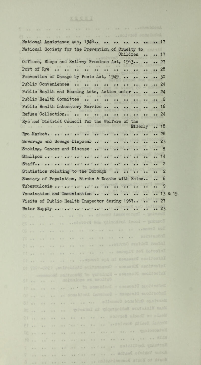 17 National Assistance Act, 1946. National Society for the Prevention of Cruelty to Children .. .. 17 Offices, Shops and Railway Premises Act, 19^3.27 Port of Rye.. .28 Prevention of Damage hy Pests Act, 1949 . 30 Public Conveniences . 24 Public Health and Housing Acts, Action under . 24 Public Health Committee . • . ..2 Public Health Laboratory Service . 16 Refuse Collection.. •• 24 Rye and District Council for the Welfare of the Eld erly . • 18 Rye Market. .. .... .. .. .. ..28 Sewerage and Sewage Disposal .. . 23 Smoking, Cancer and Disease . • .8 Smallpox •• .. .. .14 Staff. .. ..2 Statistics relating to the Borough . 2 Summary of Population, Births & Deaths with Rates.. .. 6 Tuberculosis.•.9 Vaccination and Immunisation.13 & 15 Visits of Public Health Inspector during 19^7.27 Water Supply.**23