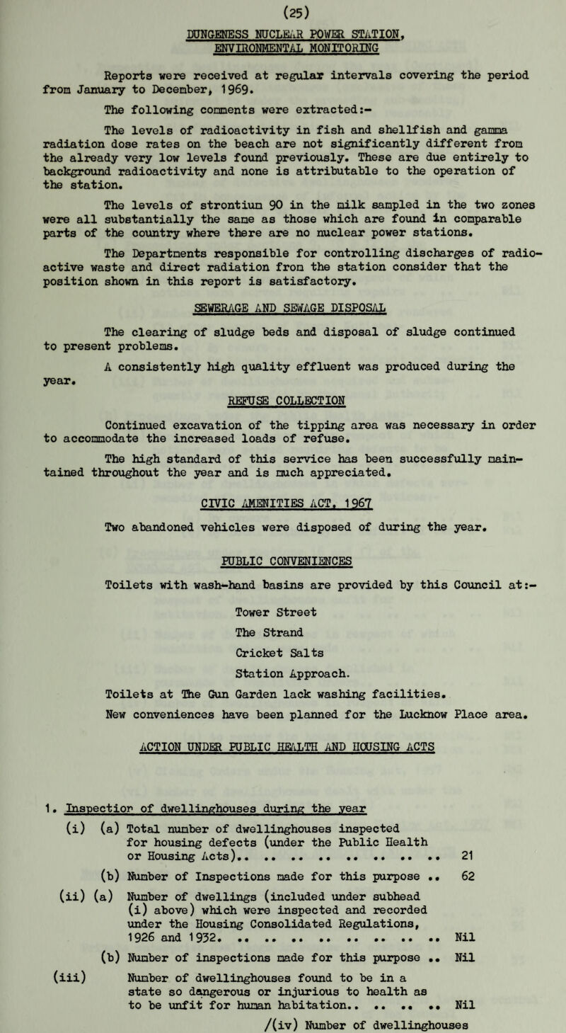 (25) DUNGENESS NUCLEAR POWER STATION, ENVIRONMENTAL MONITORING Reports were received at regular intervals covering the period from January to December* 1969. The following comments were extracted The levels of radioactivity in fish and shellfish and gamma radiation dose rates on the beach are not significantly different from the already very low levels found previously. These are due entirely to background radioactivity and none is attributable to the operation of the station. The levels of strontium 90 in the milk sampled in the two zones were all substantially the sane as those which are found in comparable parts of the country where there are no nuclear power stations. The Departments responsible for controlling discharges of radio¬ active waste and direct radiation from the station consider that the position shown in this report is satisfactory. SEWERAGE AND SEWAGE DISPOSAL The clearing of sludge beds and disposal of sludge continued to present problems. A consistently high quality effluent was produced during the year. REFUSE COLLECTION Continued excavation of the tipping area was necessary in order to accommodate the increased loads of refuse. The high standard of this service has been successfully main¬ tained throughout the year and is much appreciated. CIVIC AMENITIES ACT. 1967 Two abandoned vehicles were disposed of during the year. PUBLIC CONVENIENCES Toilets with wash**hand basins are provided by this Council at:- Tower Street The Strand Cricket Salts Station Approach. Toilets at The Gun Garden lack washing facilities. New conveniences have been planned for the Lucknow Place area. ACTION UNDER PUBLIC HEALTH AND HOUSING ACTS 1• Inspectior of dwellinghouses during the year (i) (a) Total number of dwellinghouses inspected for housing defects (under the Public Health or Housing Acts)..... 21 (b) Number of Inspections made for this purpose •• 62 (ii) (a) Number of dwellings (included under subhead (i) above) which were inspected and recorded under the Housing Consolidated Regulations, 1926 and 1932.Nil (b) Number of inspections made for this purpose •• Nil (iii) Number of dwellinghouses found to be in a state so dcuigerous or injurious to health as to be unfit for human habitation.. •• Nil /(iv) Number of dwellinghouses
