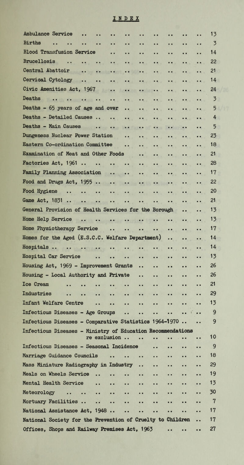INDEX Ambulance Service . 13 Births . 3 Blood Transfusion Service . 14 Brucellosis . 22 Central Abattoir . 21 Cervical Cytology . 14 Civic Amenities Act, 1967 24 Deaths . 3 Deaths - 65 years of age and over. 5 Deaths - Detailed Causes . 4 Deaths - Main Causes . 5 Dungeness Nuclear Power Station . 23 Eastern Co-ordination Committee . 18 Examination of Meat and Other Foods . 21 Factories Act, 1961. 28 Family Planning Association . 17 Food and Drugs Act, 1955 . 22 Food Hygiene . 20 Game Act, 1831. 21 General Provision of Health Services for the Borough .. .. 13 Home Help Service . 13 Home Physiotherapy Service . 17 Homes for the Aged (E.S.C.C. Welfare Department). 14 Hospitals. 14 Hospital Car Service . 13 Housing Act, 1969 - Improvement Grants. 26 Housing - Local Authority and Private . 26 Ice Cream . 21 Industries . 29 Infant Welfare Centre . 13 Infectious Diseases - Age Groups .r .. 9 Infectious Diseases - Comparative Statistics 1964-1970 .. .. 9 Infectious Diseases - Ministry of Education Recommendations re exclusion. 10 Infectious Diseases - Seasonal Incidence . 9 Marriage Guidance Councils . 18 Mass Miniature Radiography in Industry. 29 Meals on Wheels Service . 19 Mental Health Service . 15 Meteorology . 50 Mortuary Facilities . 7 National Assistance Act, 1948 . 17 National Society for the Prevention of Cruelty to Children .. 17 Offices, Shops and Railway Premises Act, 1965 27
